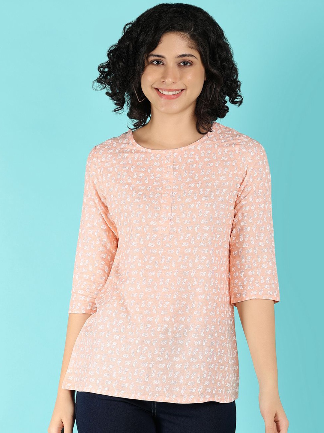 

V-Mart Ethnic Motifs Printed Round Neck A-Line Kurta, Pink