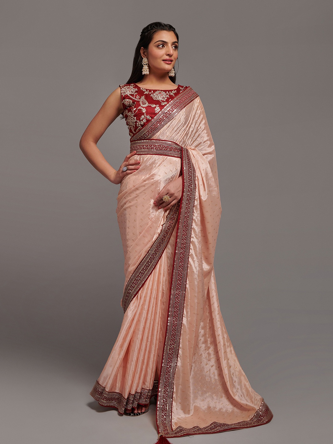 

THE52 Bandhani Sequinned Belted Bandhani Saree, Peach