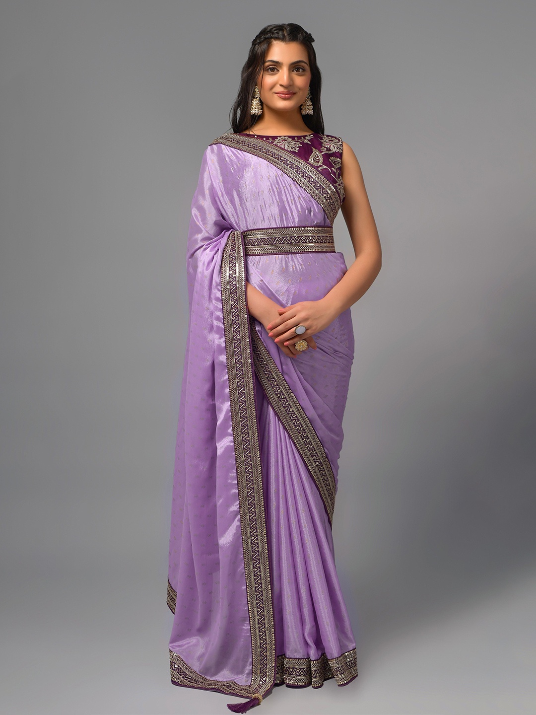 

THE52 Sequinned Belted Bandhani Saree With Blouse Piece, Purple