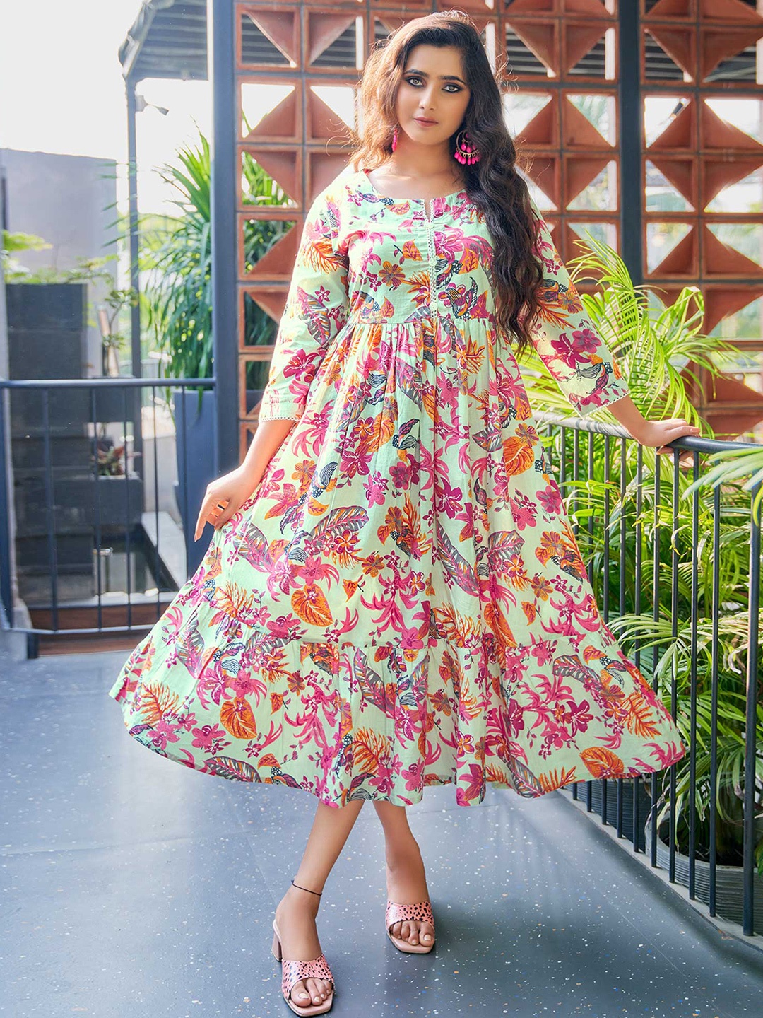 

Peachmode Floral Print Fit & Flare Dress, Green