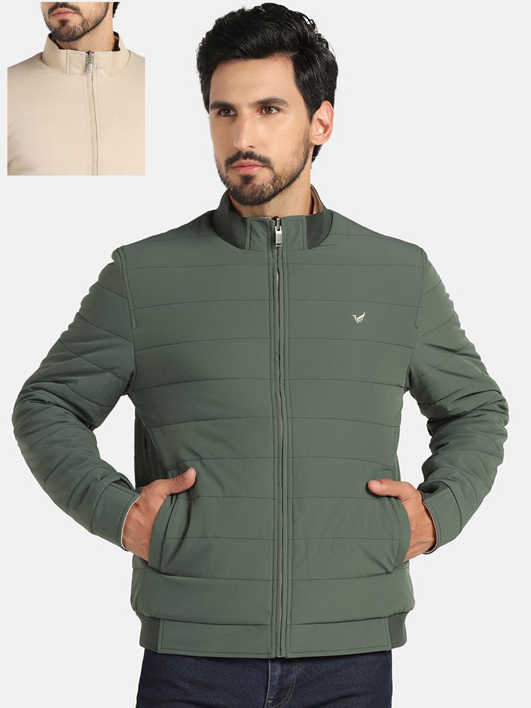 

Blackberrys Mock Collar Long Sleeves Reversible Bomber Jacket, Olive