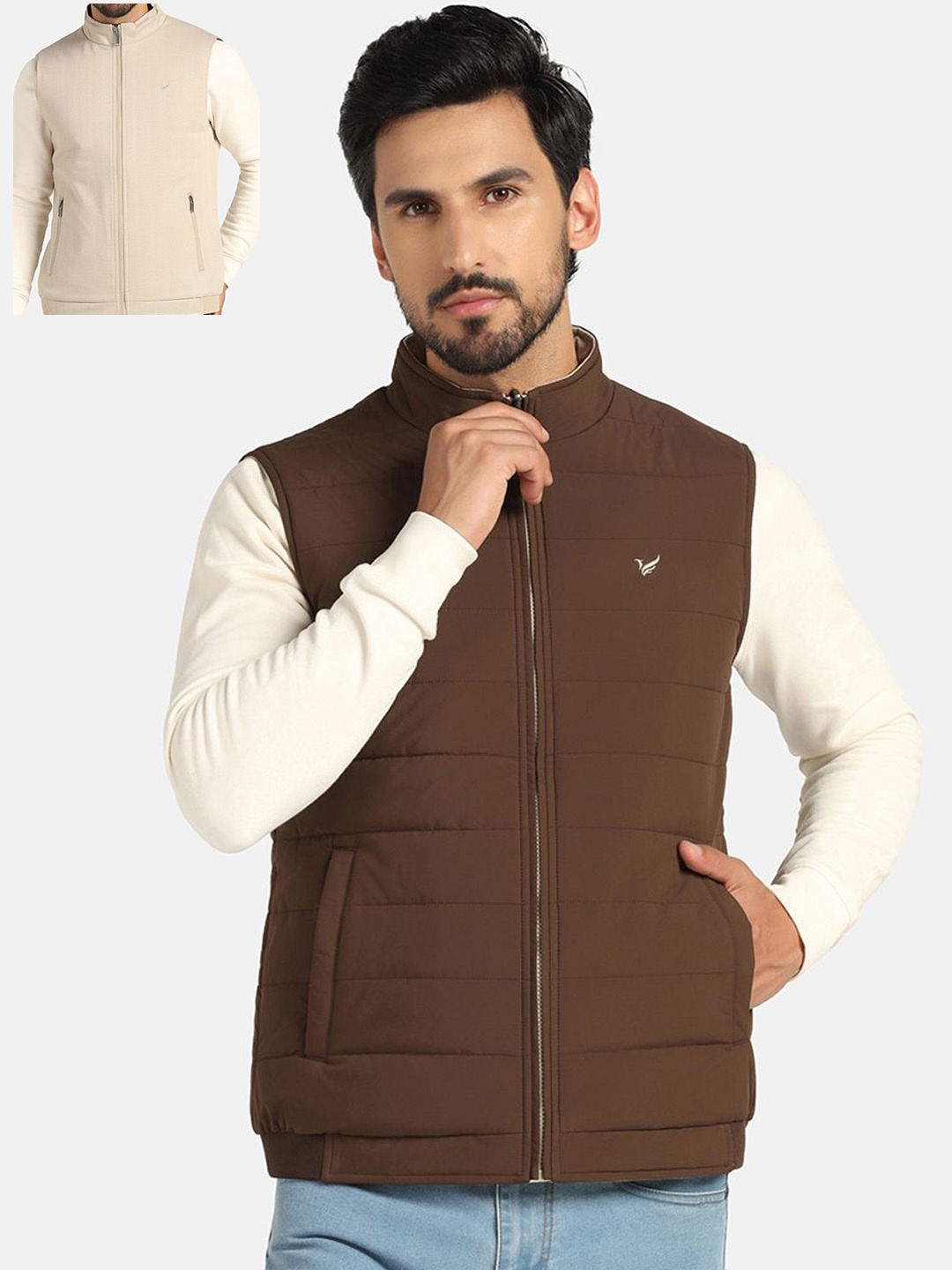 

Blackberrys Mock Collar Sleeveless Reversible Bomber Jacket, Brown