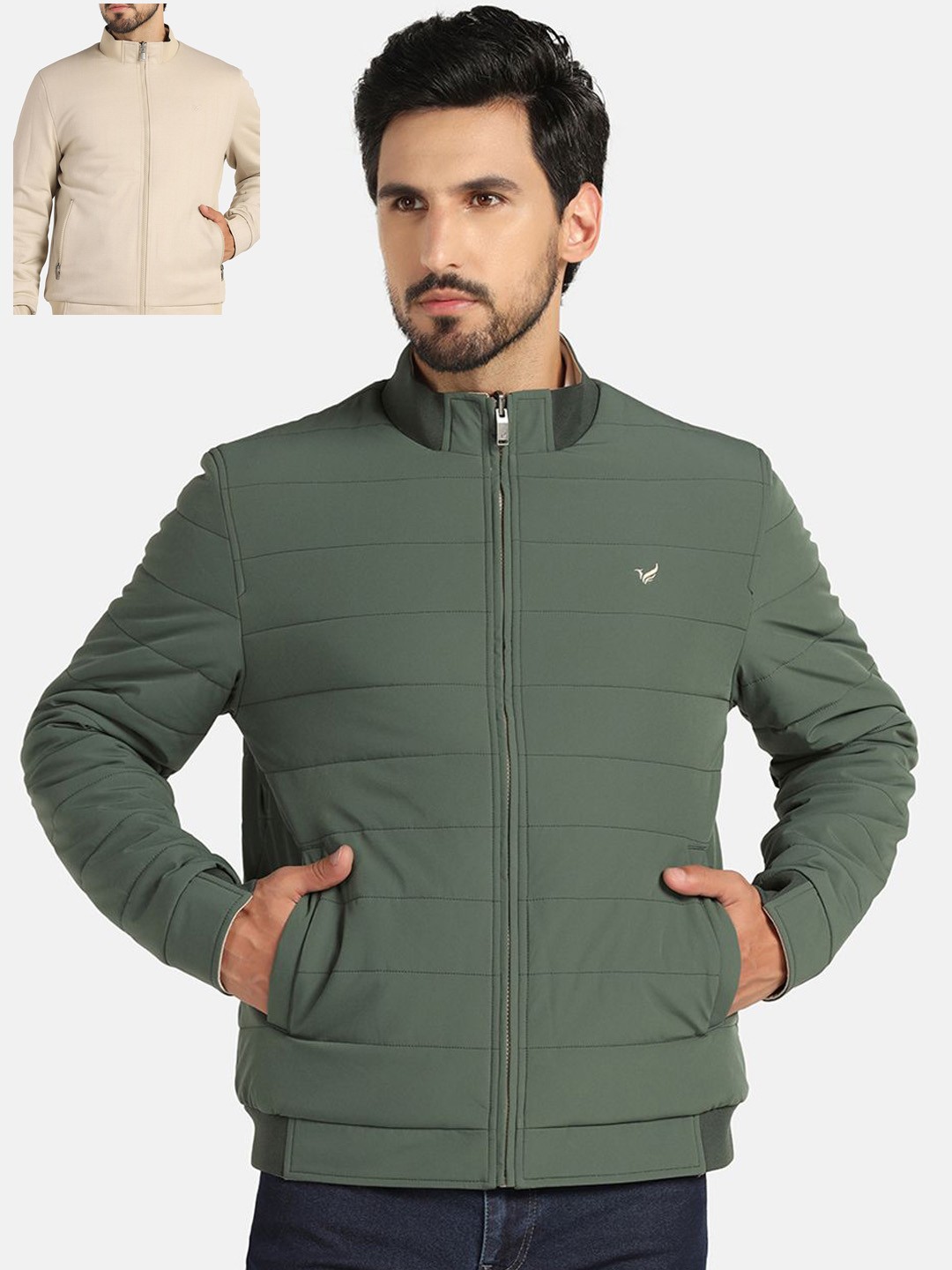 

Blackberrys Mock Collar Long Sleeves Reversible Bomber Jacket, Olive