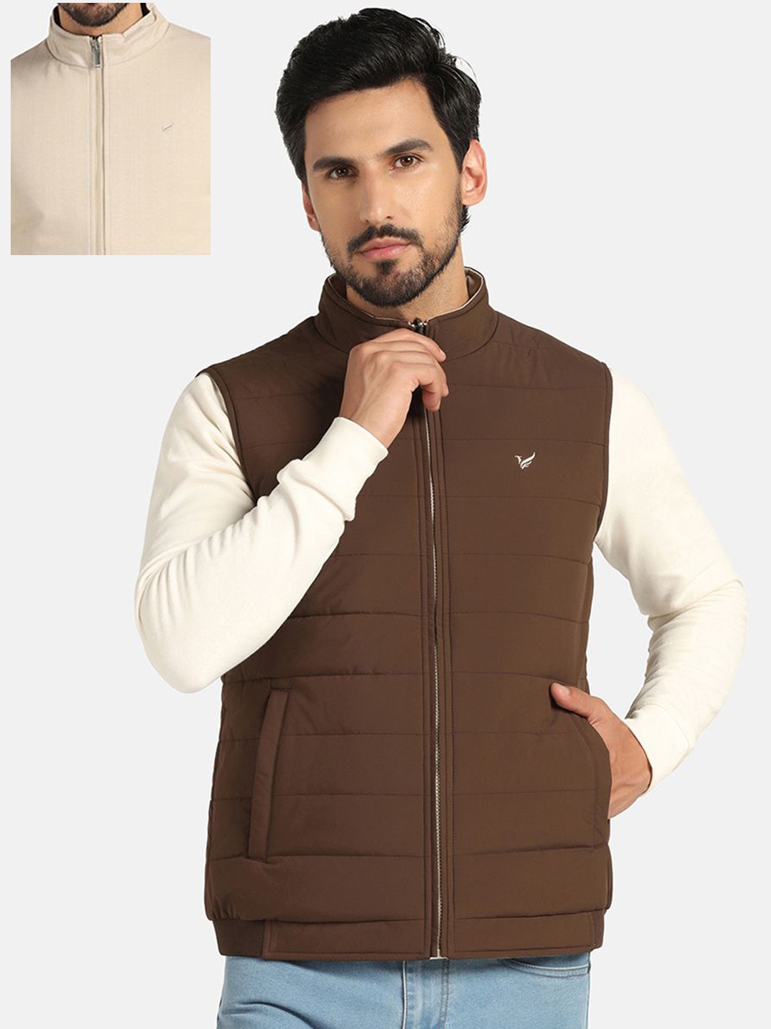 

Blackberrys Mock Collar Sleeveless Reversible Bomber Jacket, Brown