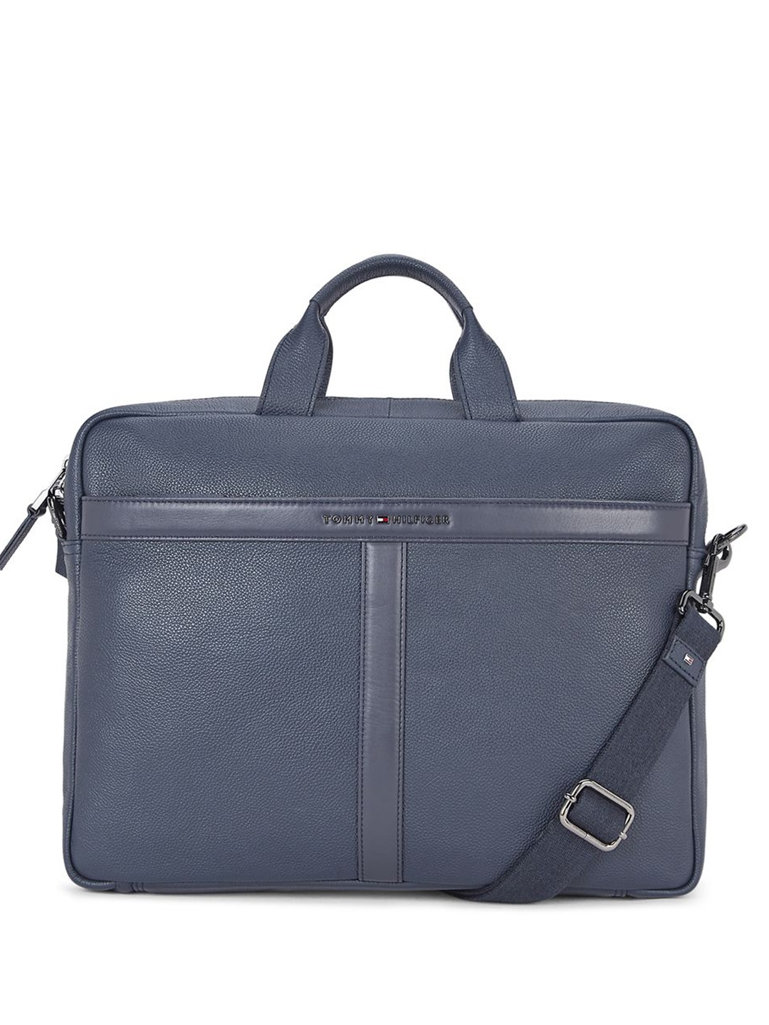

Tommy Hilfiger Men 15 Inch Textured Leather Laptop Bag, Navy blue