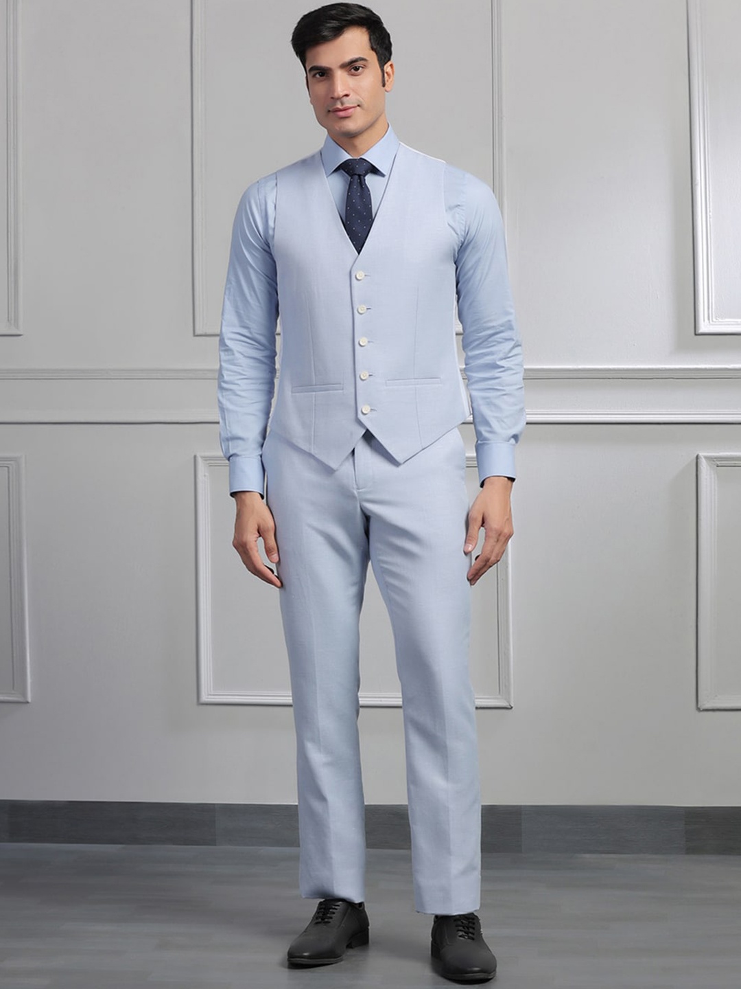 

Blackberrys Self Design Slim-Fit Single-Breasted Three-Piece Formal Suits, Blue