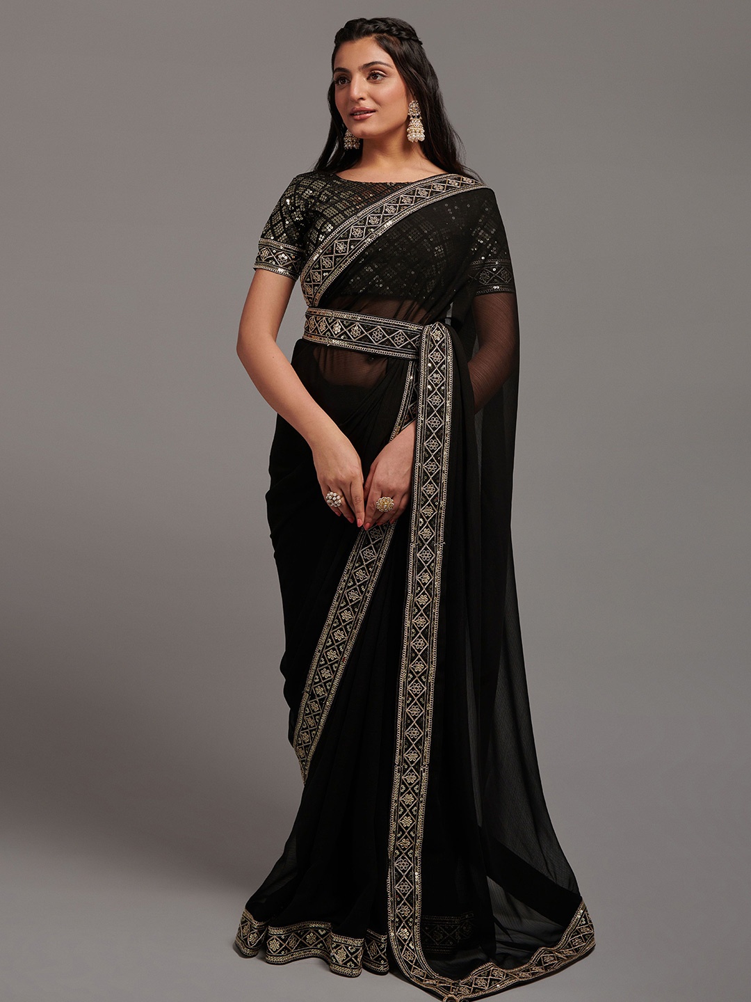 

THE52 Sequinned Embroidered Belted Saree, Black