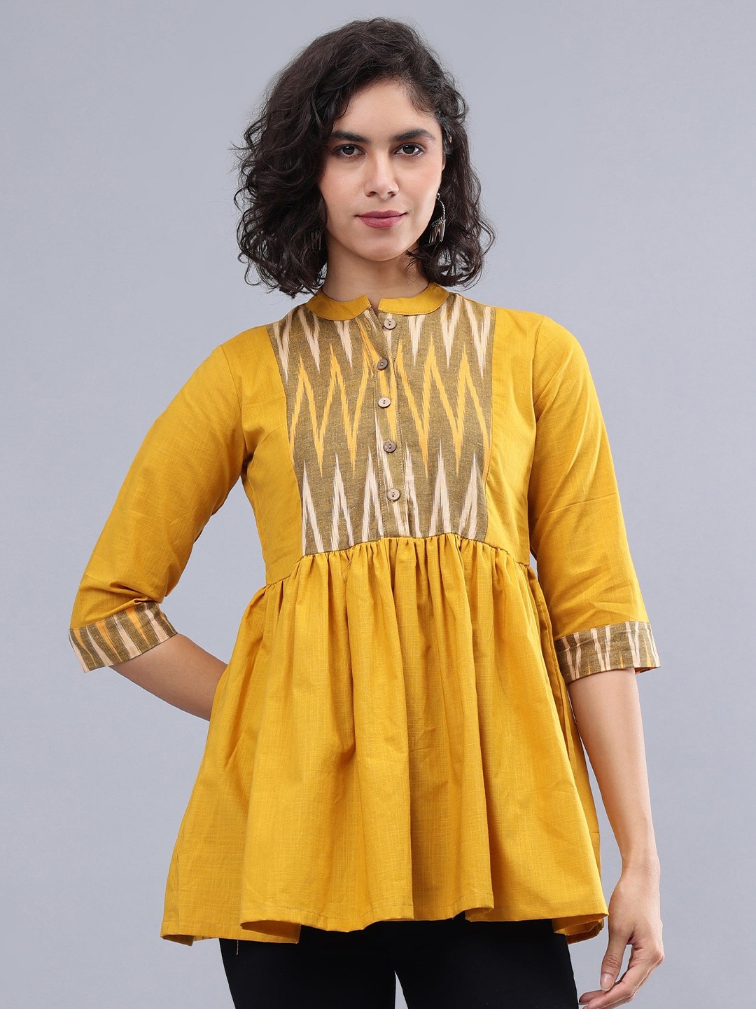 

Cot'N Soft Geometric Yoke Design Mandarin Collar Pure Cotton Panelled A-Line Kurti, Mustard