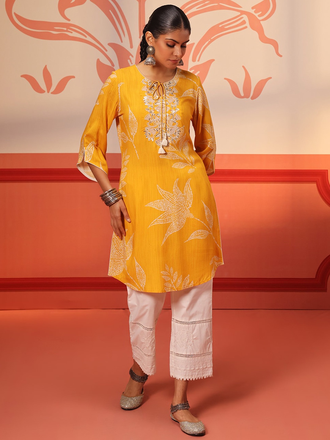 

Lakshita Floral Yoke Design Thread Work Floral Kurta, Yellow