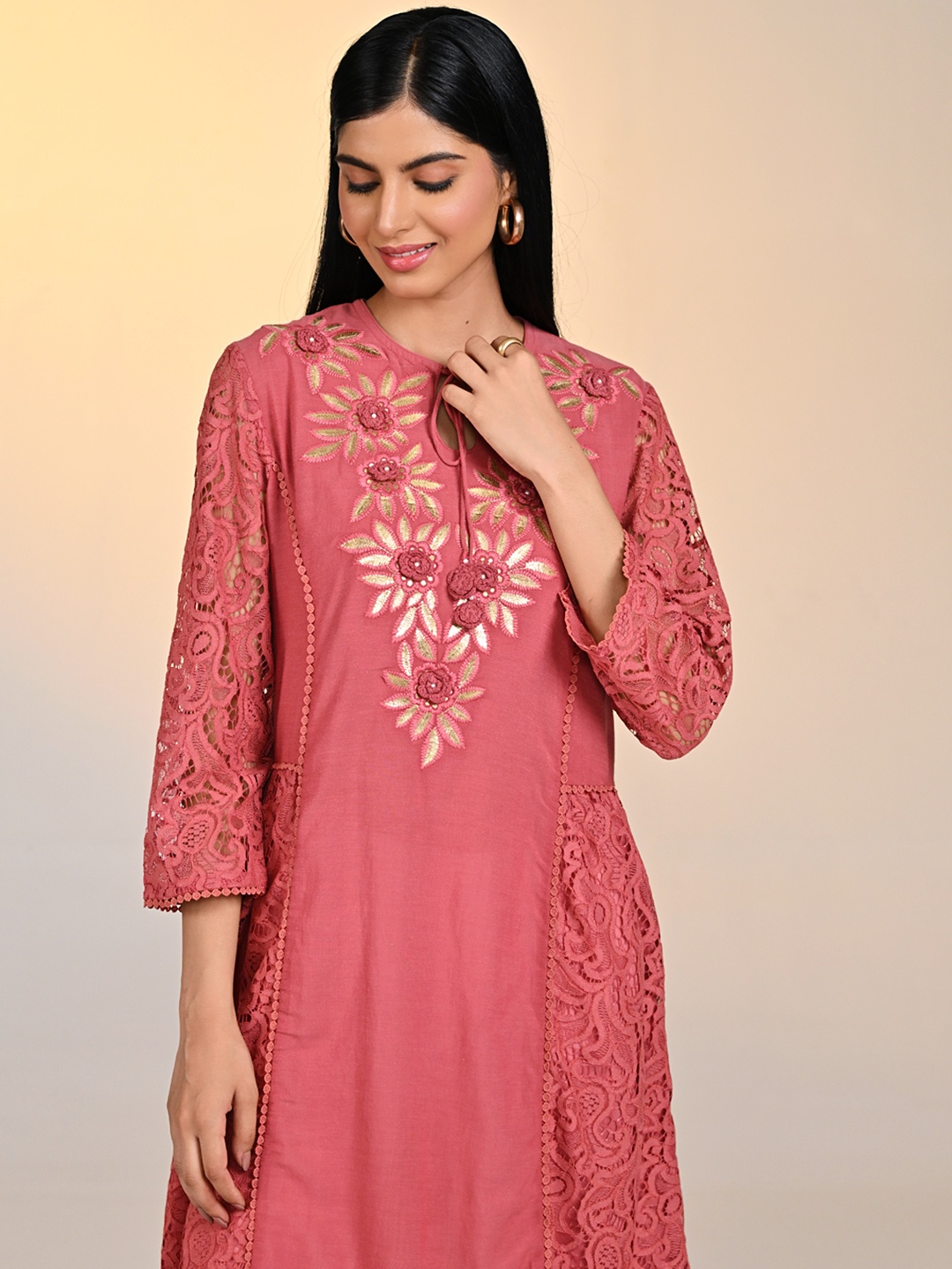 

Lakshita Women Embroidered Floral Tie-Up Neck A-line Kurta, Peach