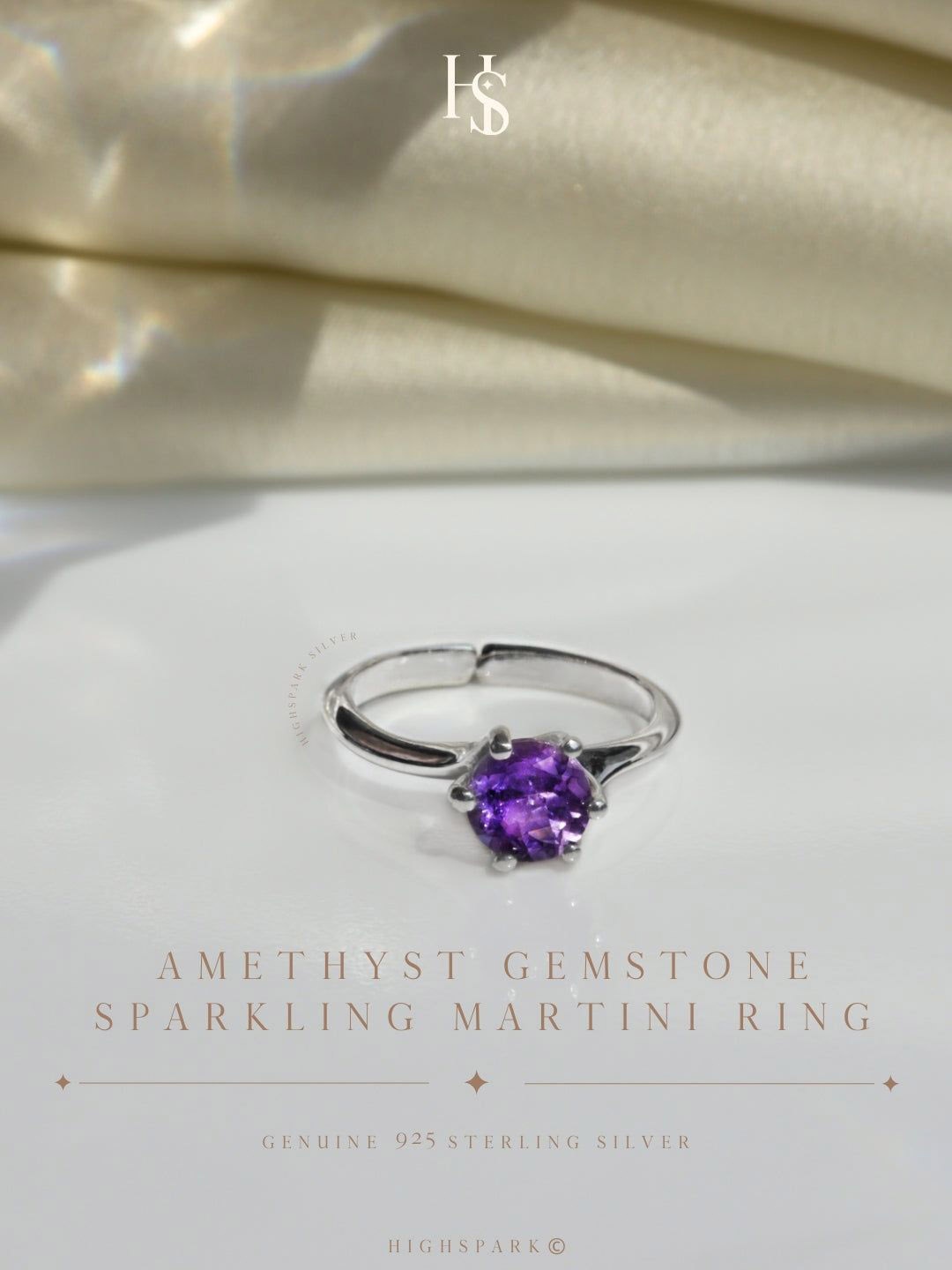 

HighSpark 92.5 Sterling Silver Amethyst Real Gemstone Martini Adjustable Ring