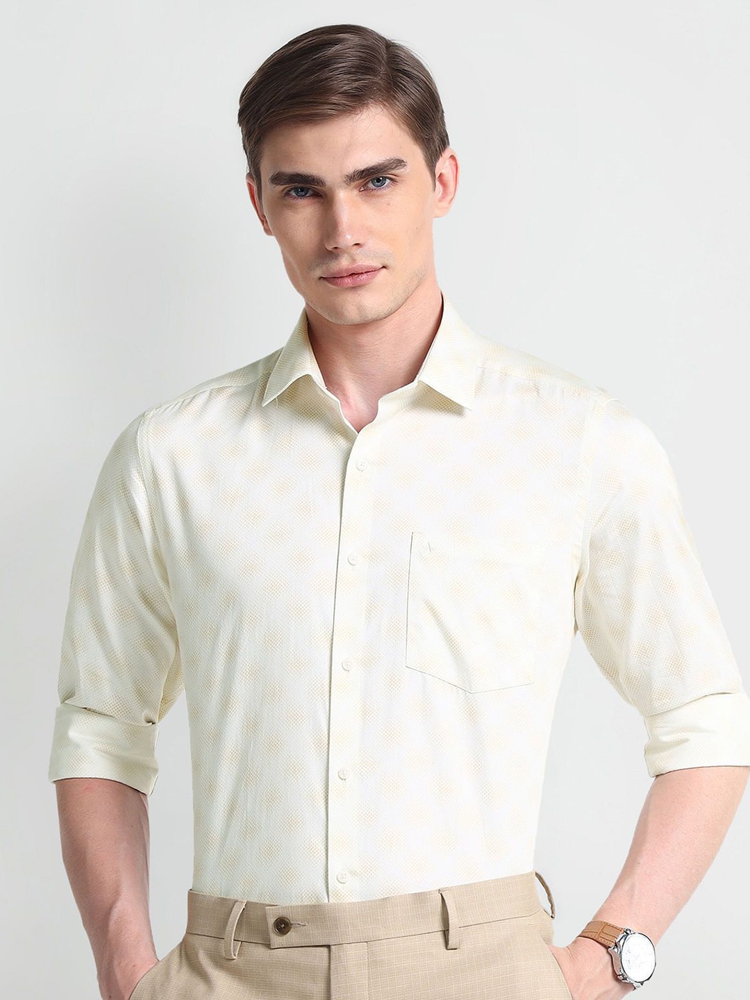 

Arrow Men Slim Fit Micro Ditsy Printed Twill Pure Cotton Formal Shirt, Beige