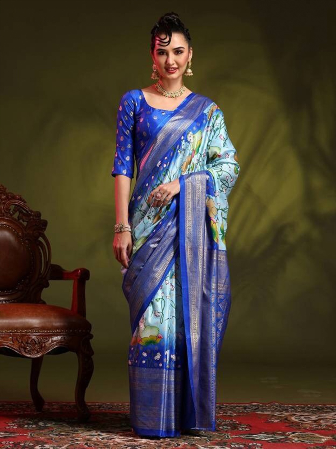 

Sitanjali Floral Zari Chanderi Saree, Blue