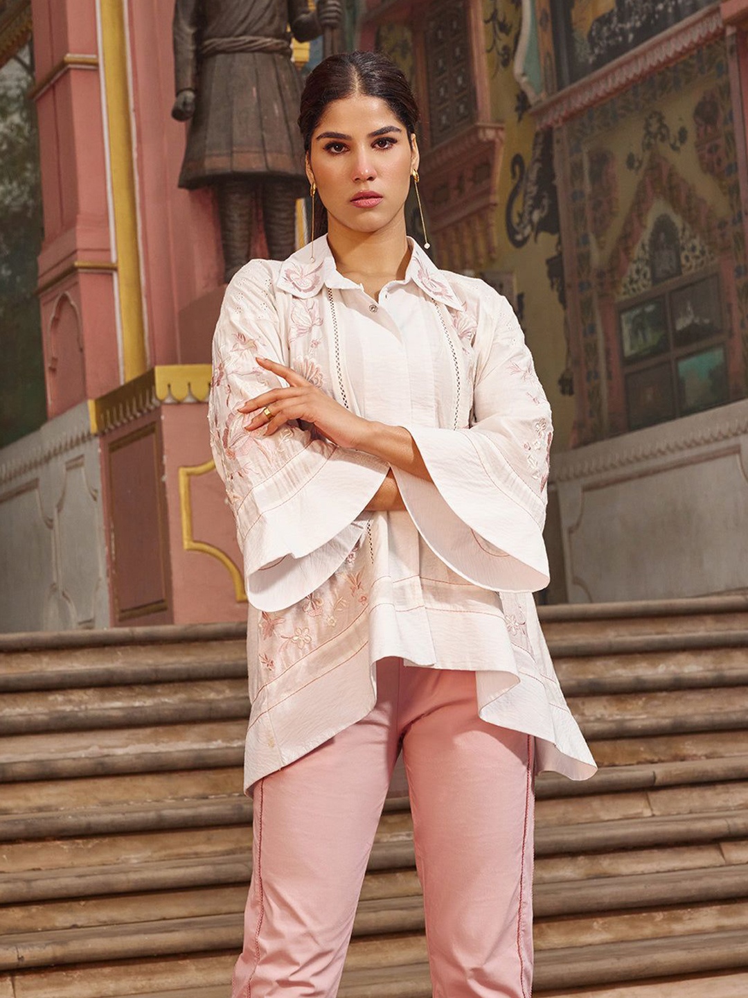 

Lakshita Comfort Floral Embroidered Semi Sheer Cotton Casual Shirt, Off white