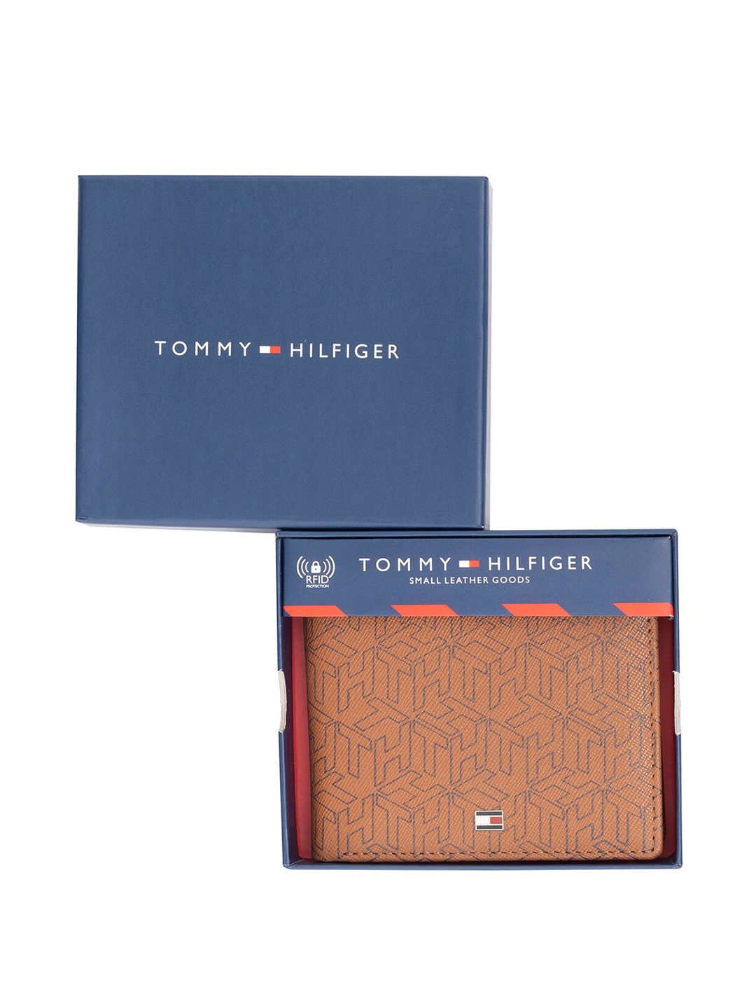 

Tommy Hilfiger Men Geometric Printed Leather Two Fold Wallet, Tan