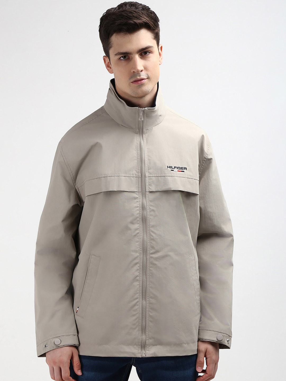 

Tommy Hilfiger Men Solid Stand Collar Longline Sporty Jacket, Grey