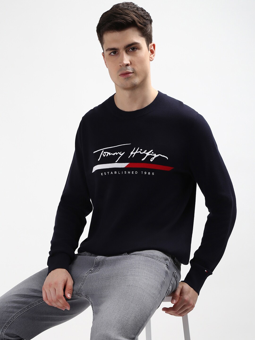 

Tommy Hilfiger Typography Printed Round Neck Pullover Sweater, Navy blue