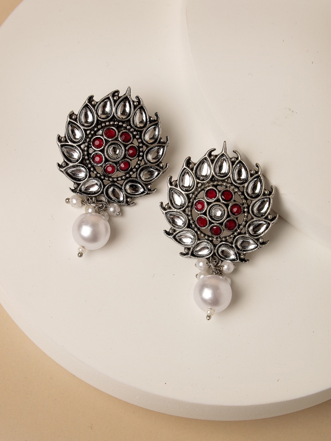 

ADIVA Silver-Plated Kundan Stone & Pearl Studded Oxidised Drop Earrings