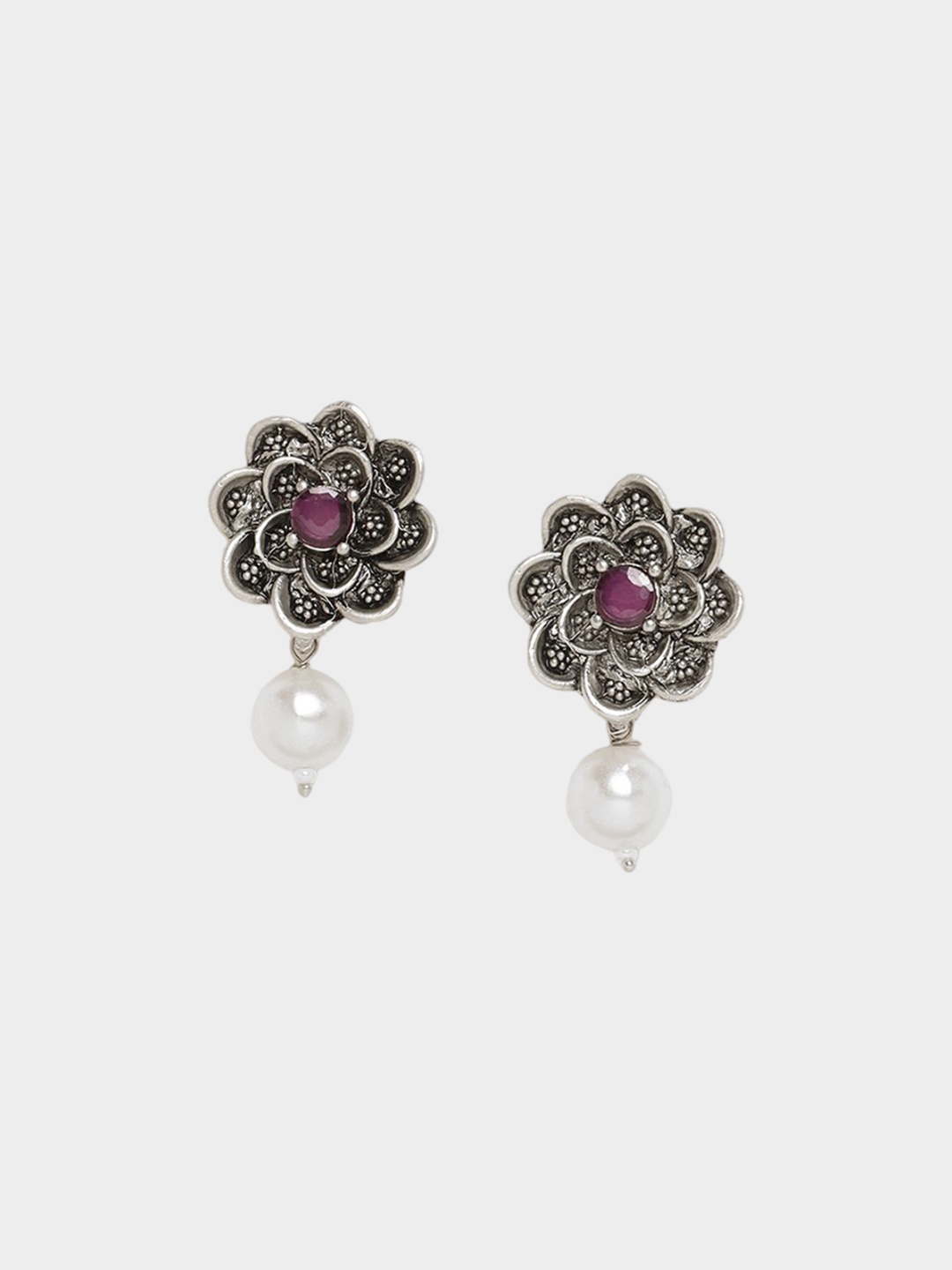 

ADIVA Oxidised Silver-Plated Floral Shaped Drop Earrings
