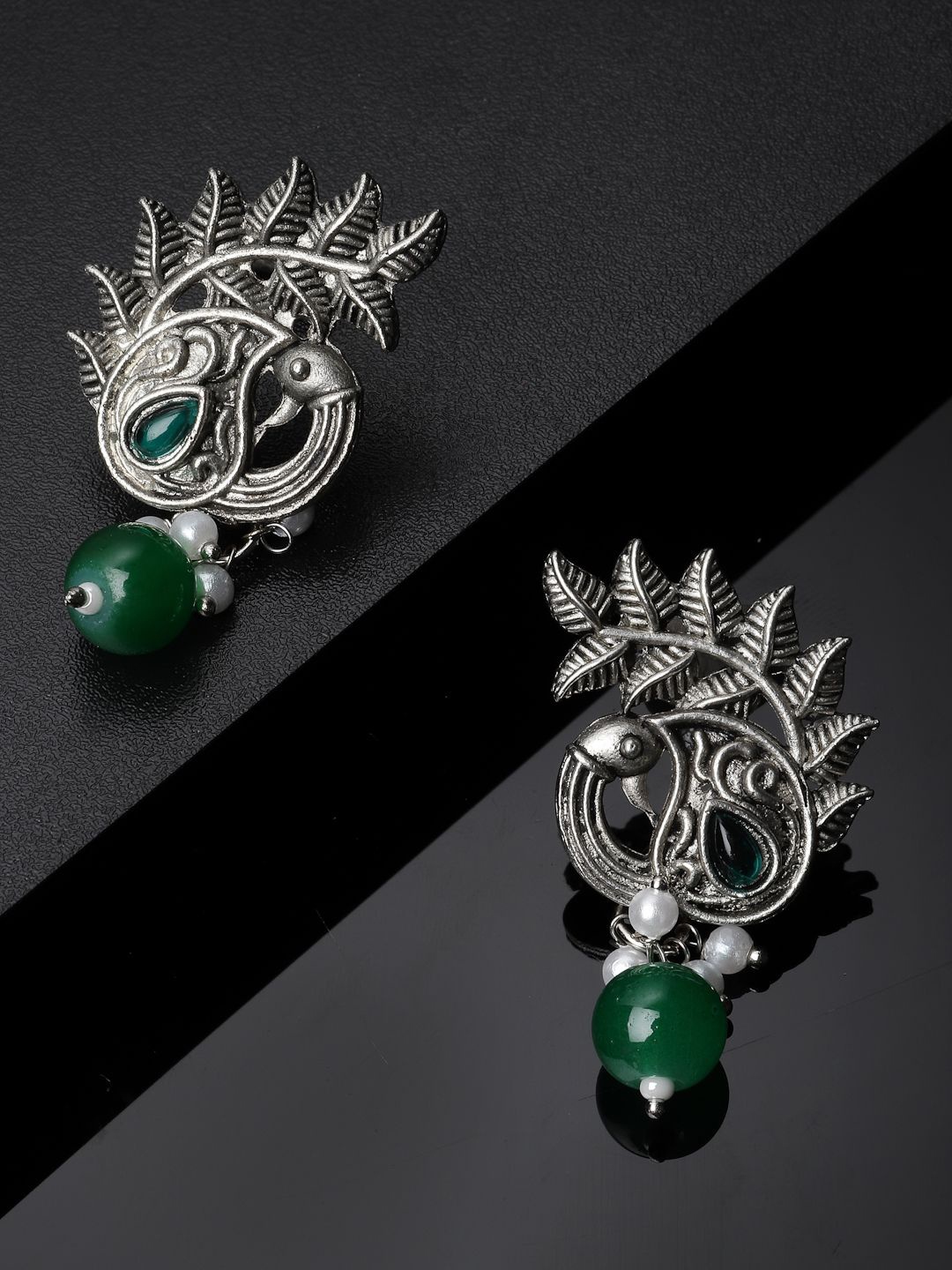 ADIVA Silver-Plated Pearl Studded Peacock Shaped Oxidised Drop Earrings