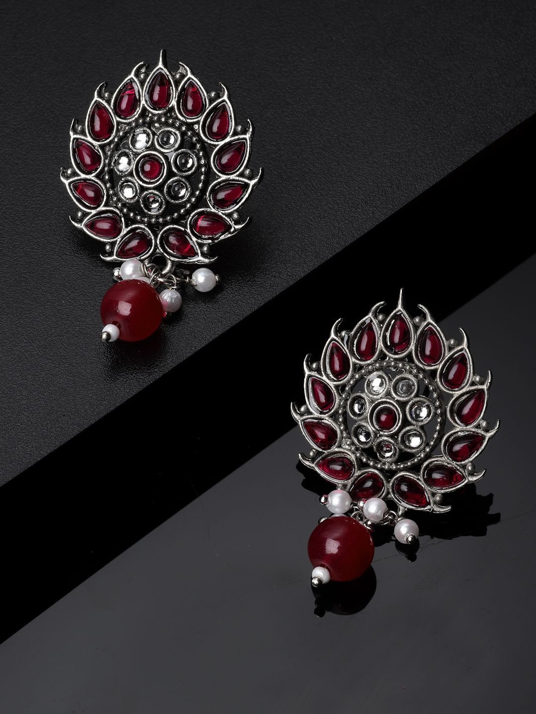 

ADIVA Silver-Plated Kundan Stone & Pearl Studded Oxidised Drop Earrings