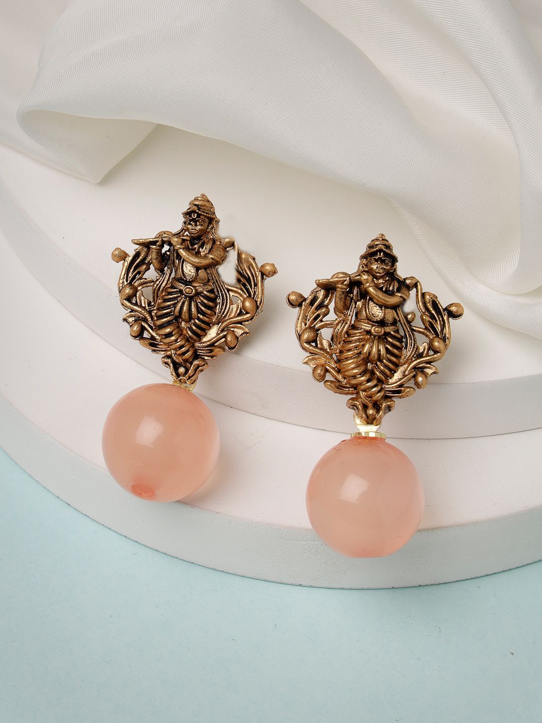 

ADIVA Antique Gold-Plated Shri Krishna Temple Drop Earrings