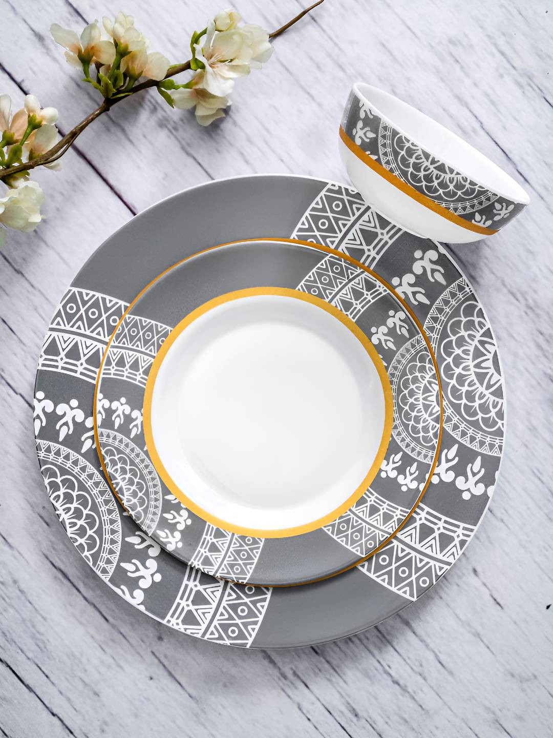 

Cello White & Grey 27 Pieces Printed Opalware Dinner Set