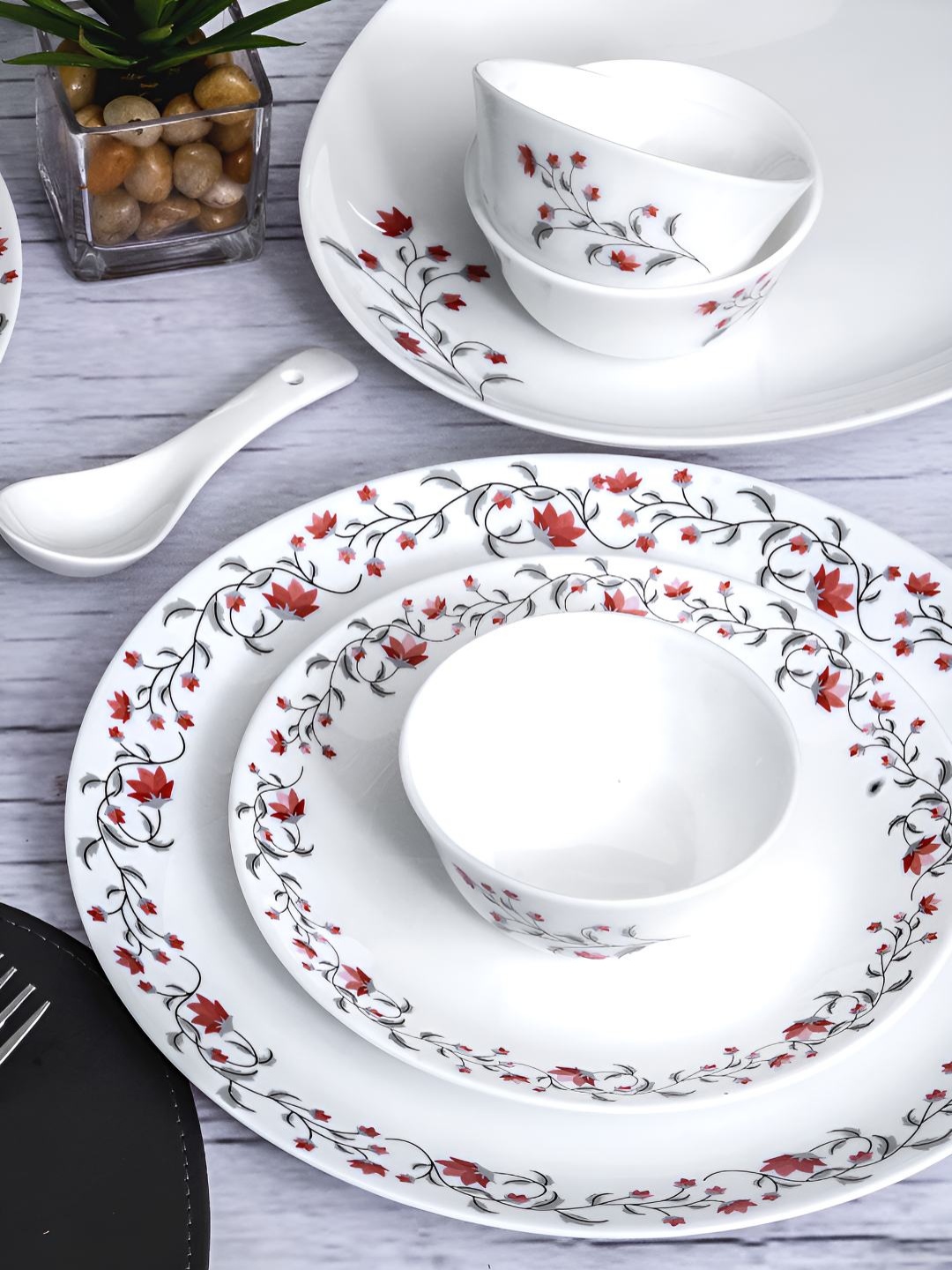 

Cello White & Red 35 Pieces Printed Opalware Dinner Set