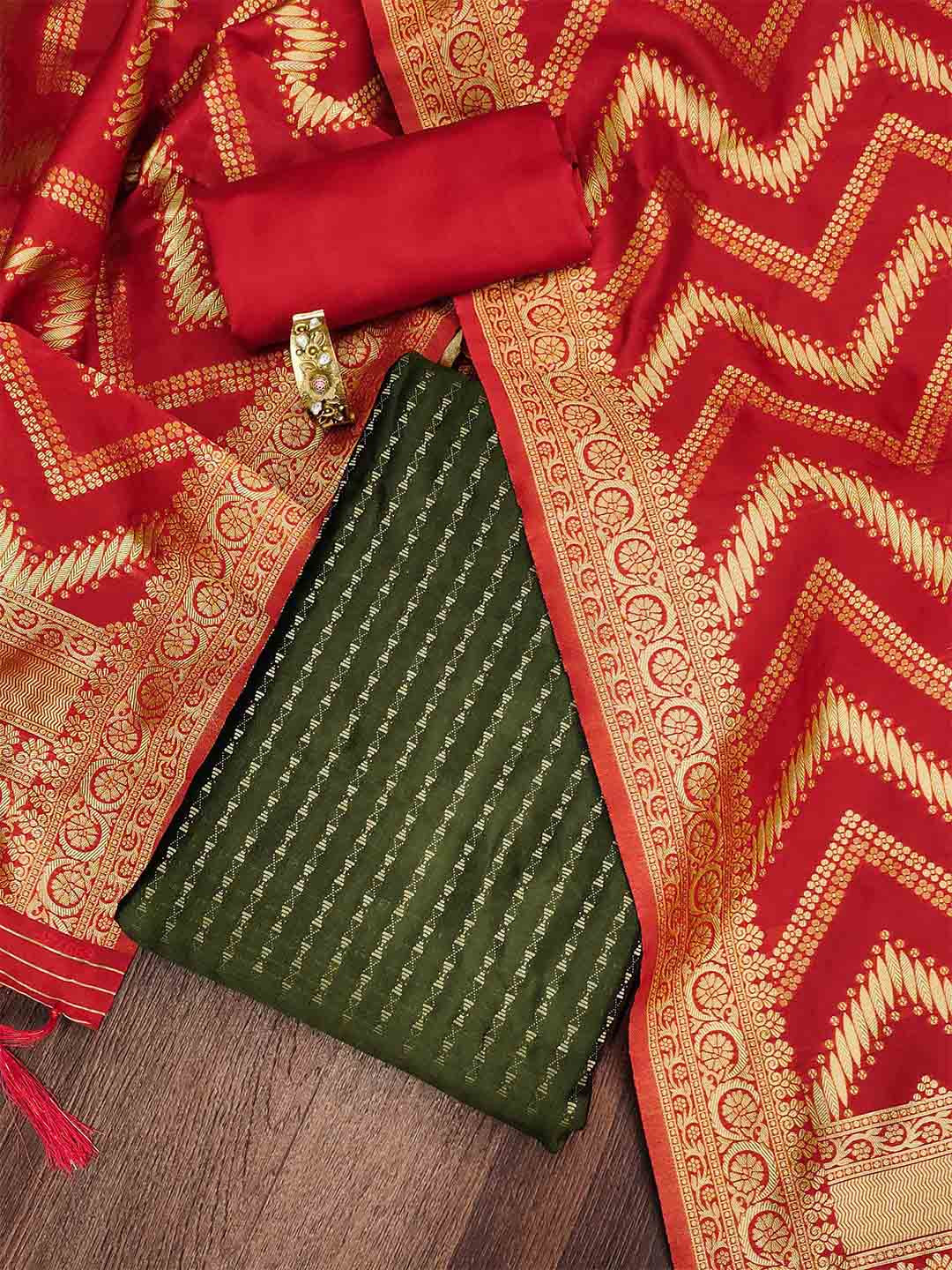 

Ishin Striped Woven Design Zari Unstitched Dress Material, Olive