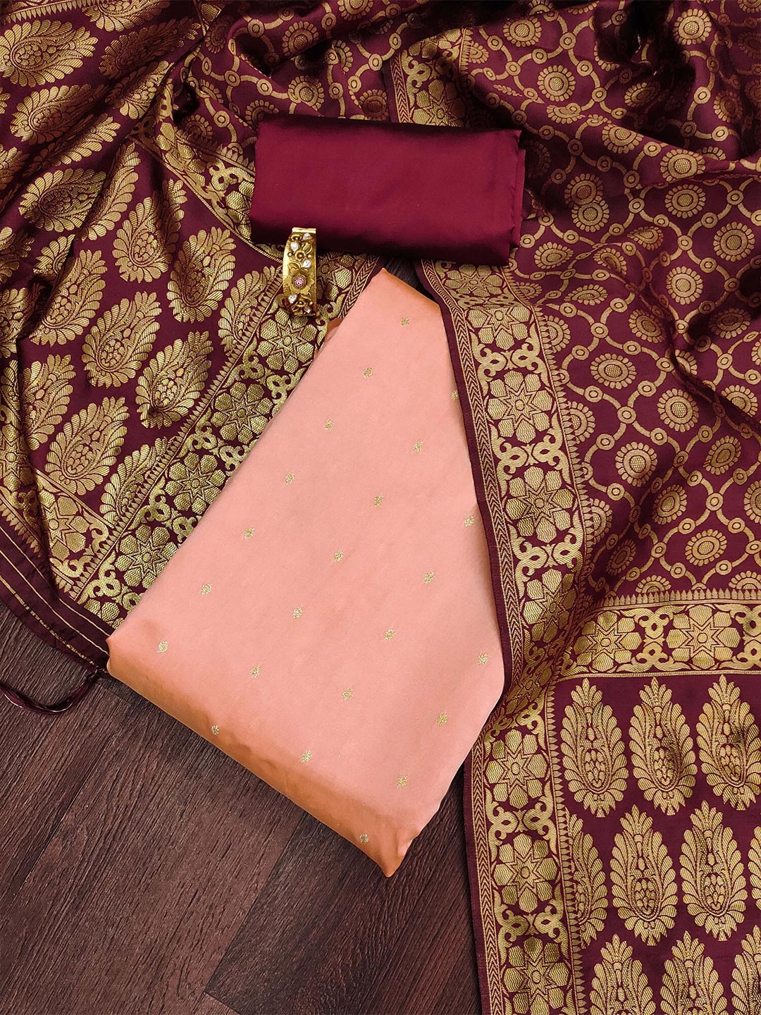 

Ishin Ethnic Motifs Unstitched Dress Material, Peach