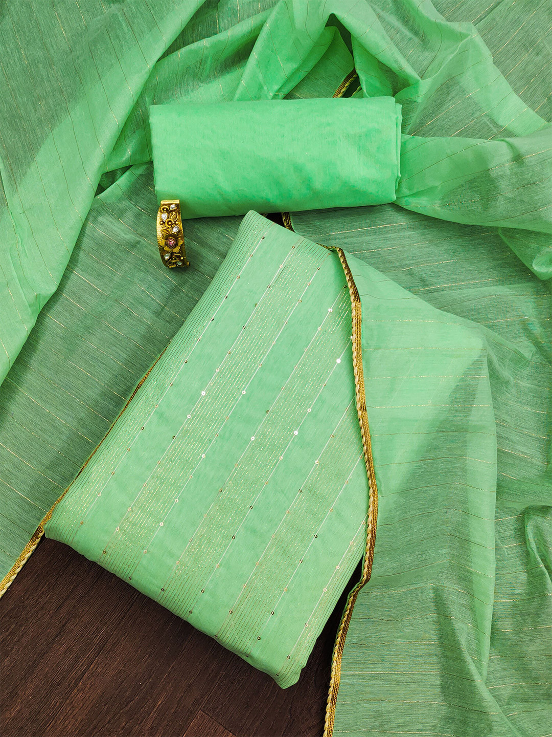 

Ishin Striped Embroidered Unstitched Dress Material, Green