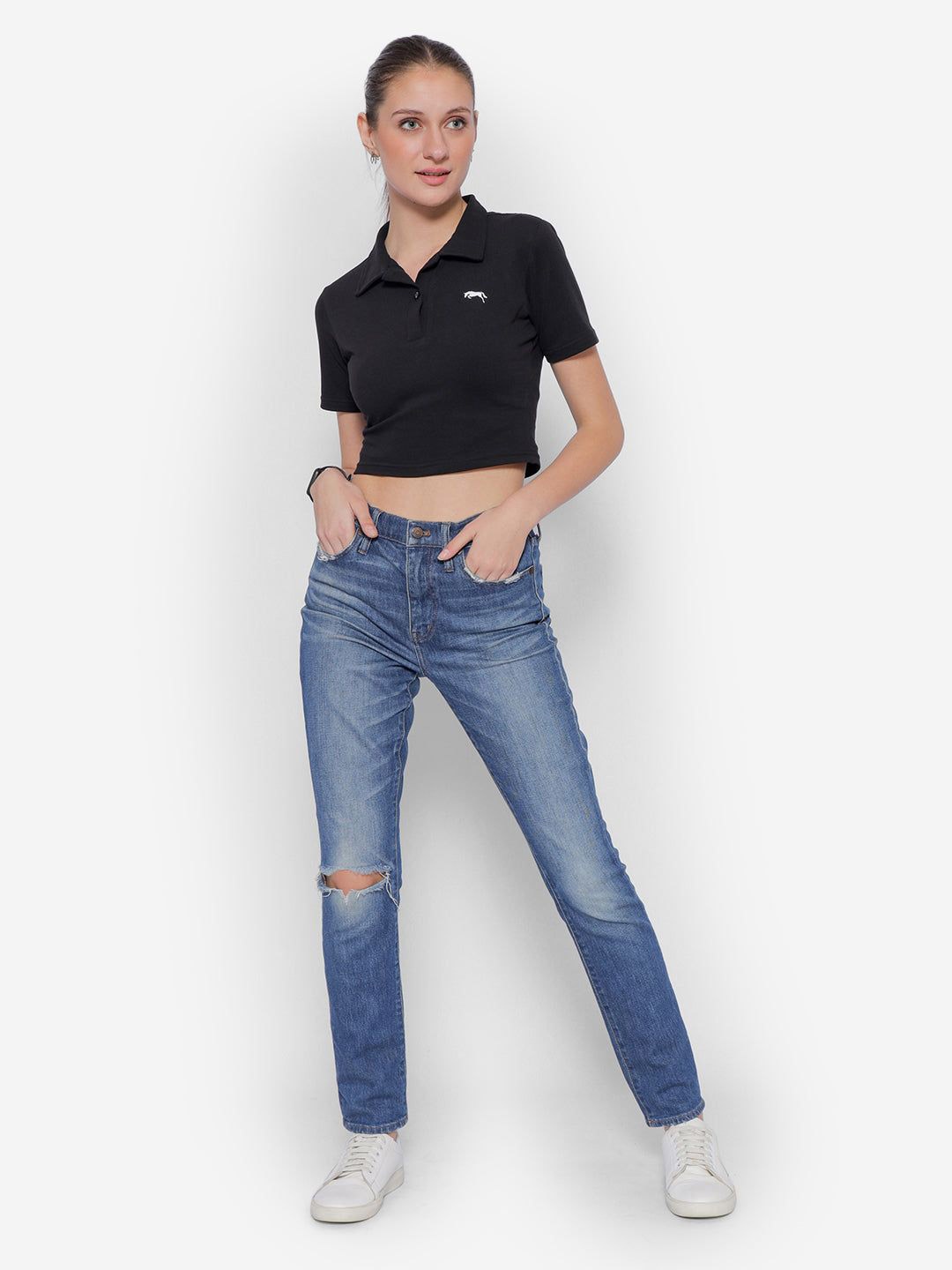 

JUMP USA Cotton Shirt Style Crop Top, Black