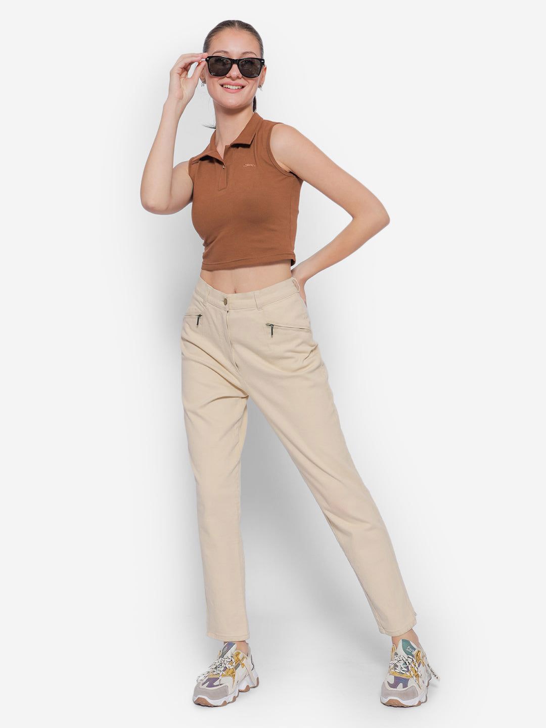 

JUMP USA Shirt Collar Sleeveless Cotton Crop Top, Brown