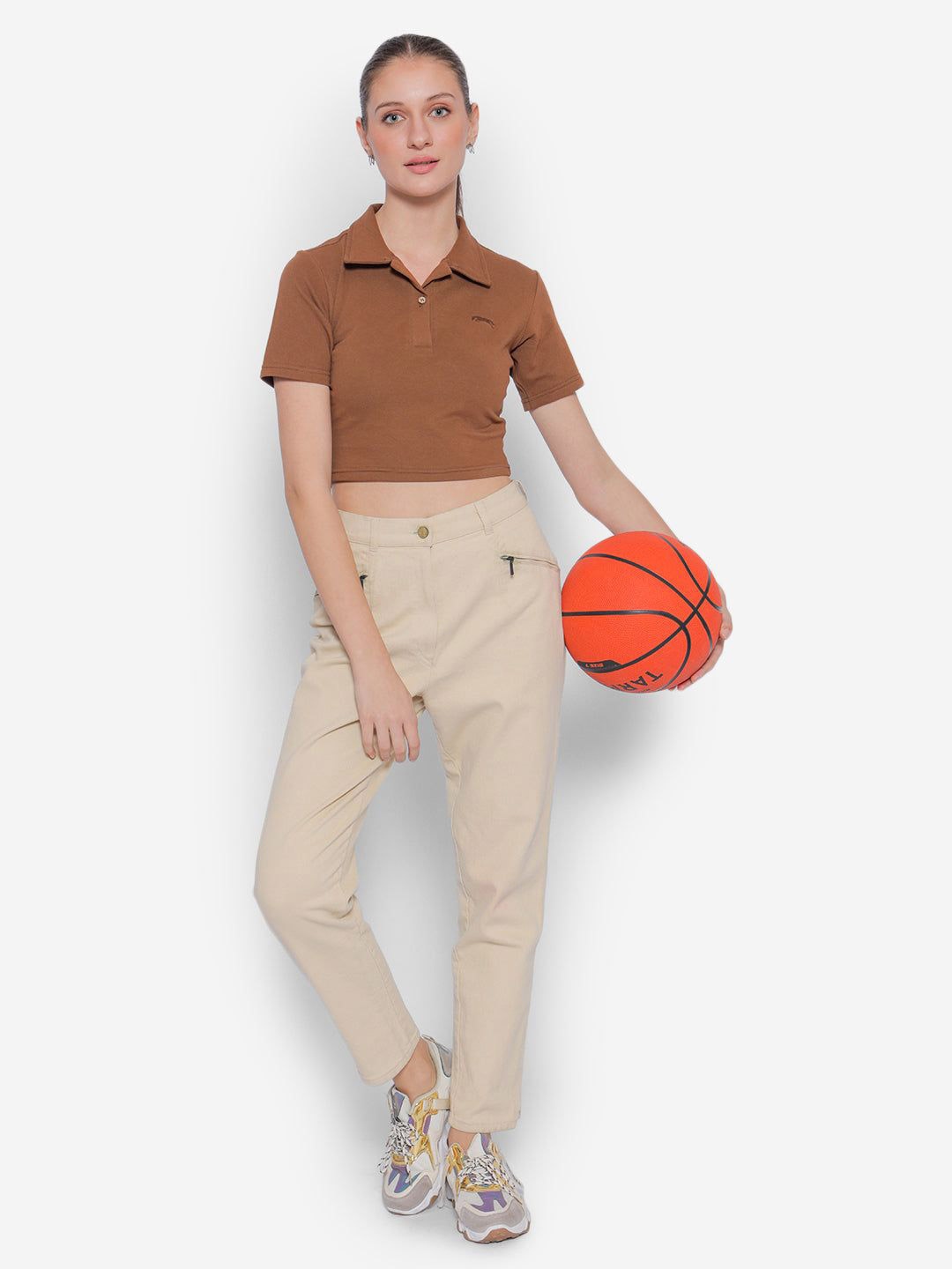

JUMP USA Cotton Shirt Style Crop Top, Brown