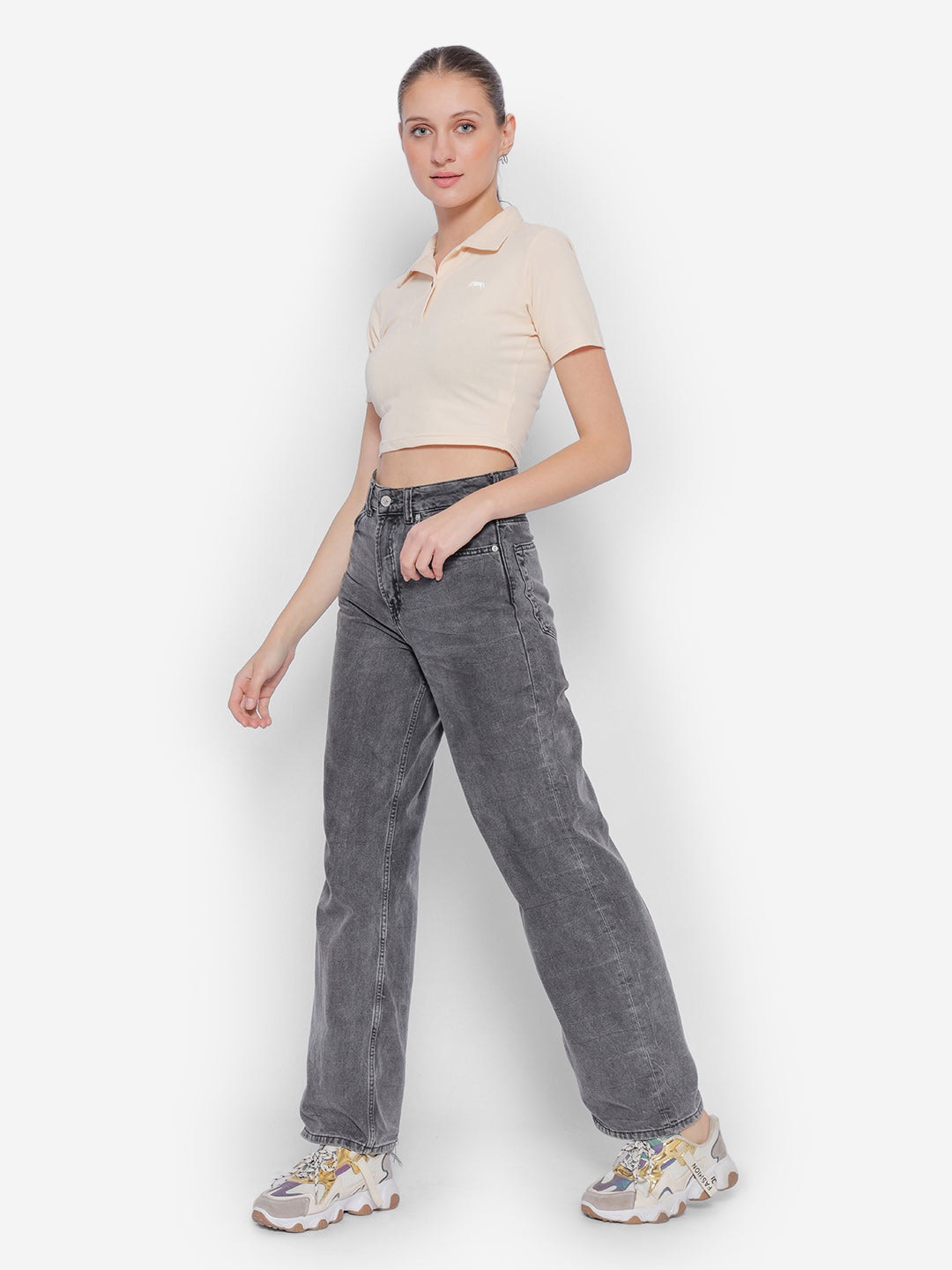 

JUMP USA Cotton Shirt Style Crop Top, Beige