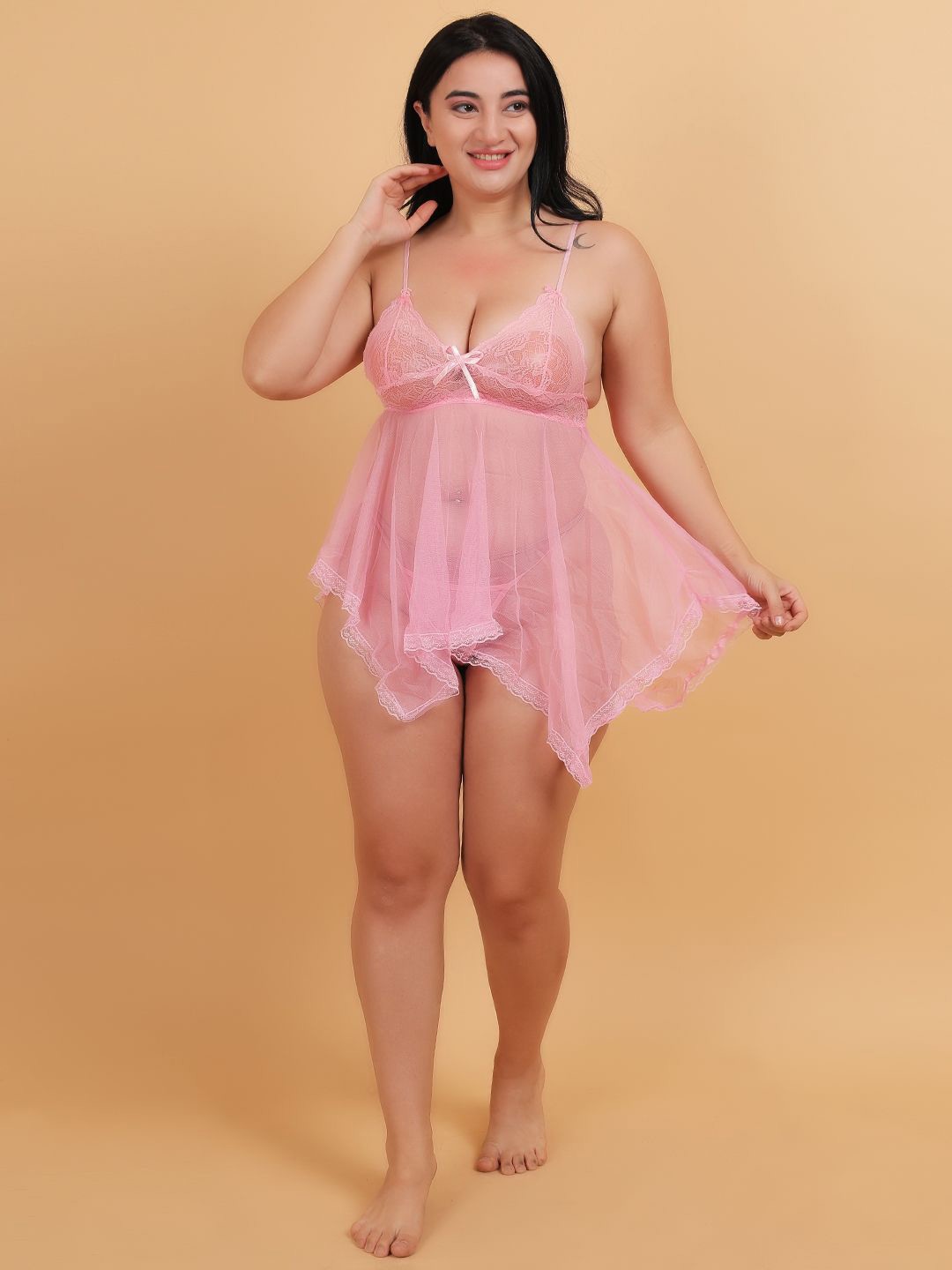 

COLOR STYLE Shoulder Straps Net Baby Doll, Pink
