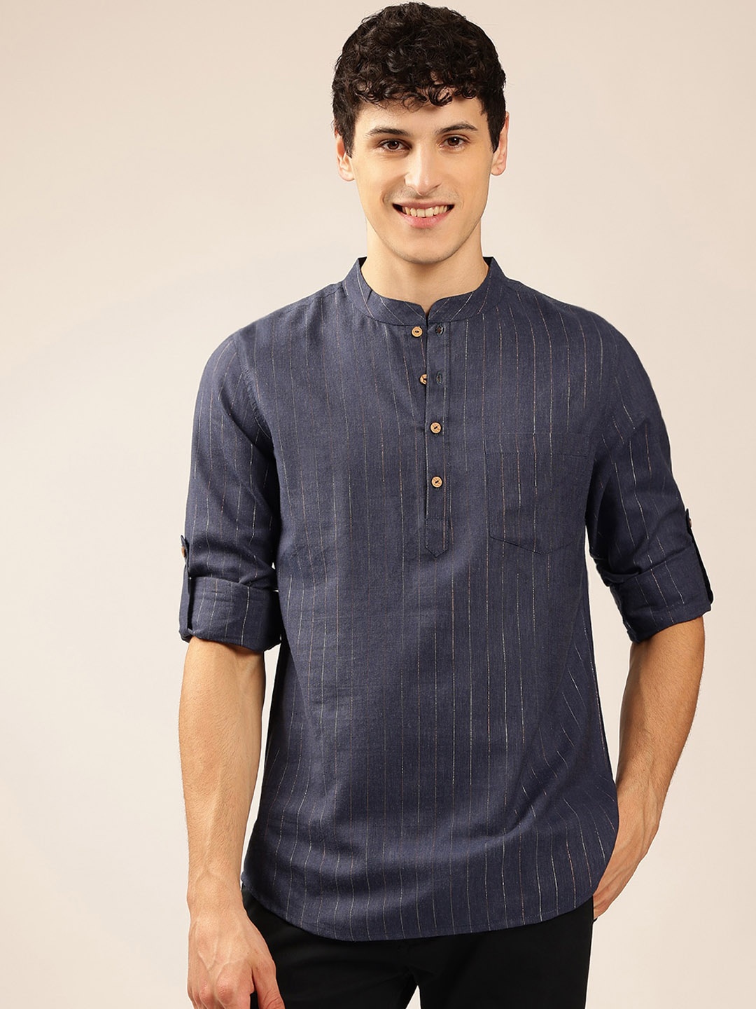 

Anouk Men Self Design Striped Short Kurta, Navy blue