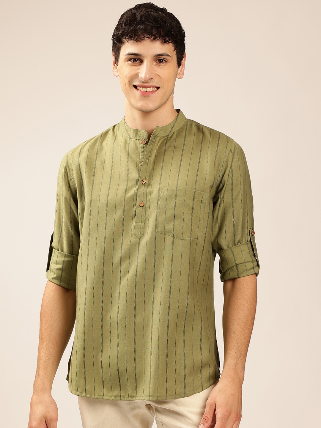 

Anouk Striped Mandarin Collar Roll-Up Sleeves Kurta, Green