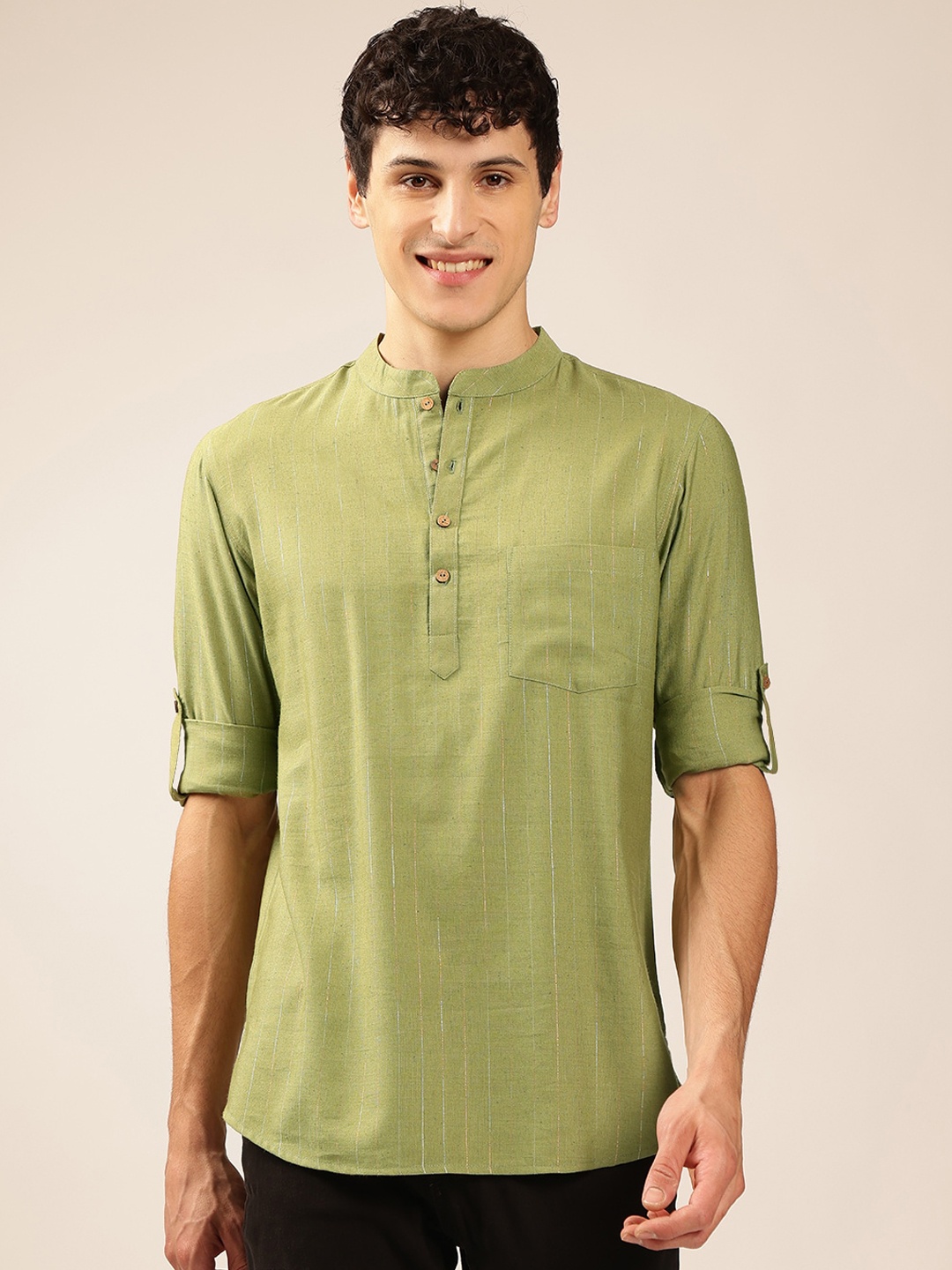 

Anouk Solid Mandarin collar Pathani Kurta, Green