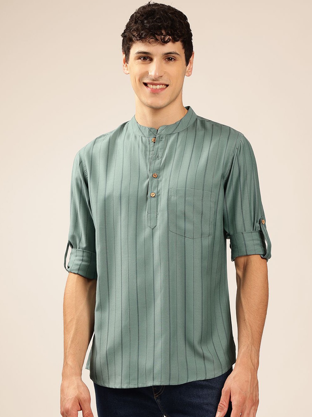 

Anouk Striped Thread Work Mandarin Collar Straight Short Kurta, Teal