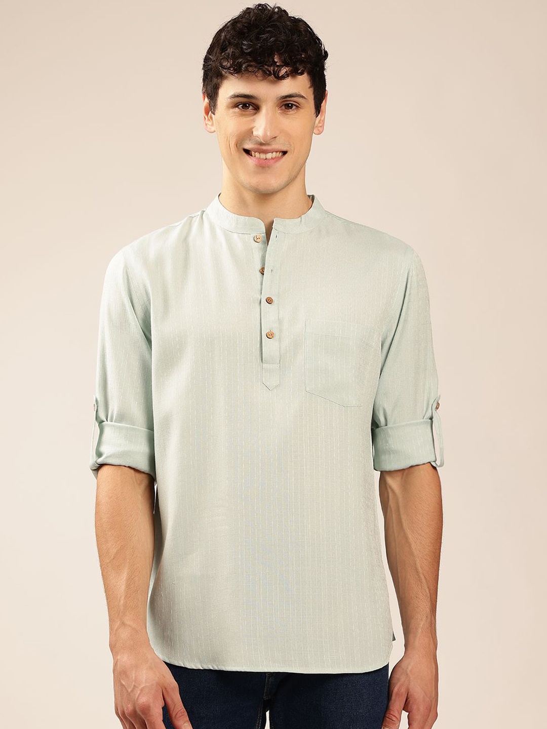 

Anouk Solid Mandarin collar Pathani Kurta, Sea green