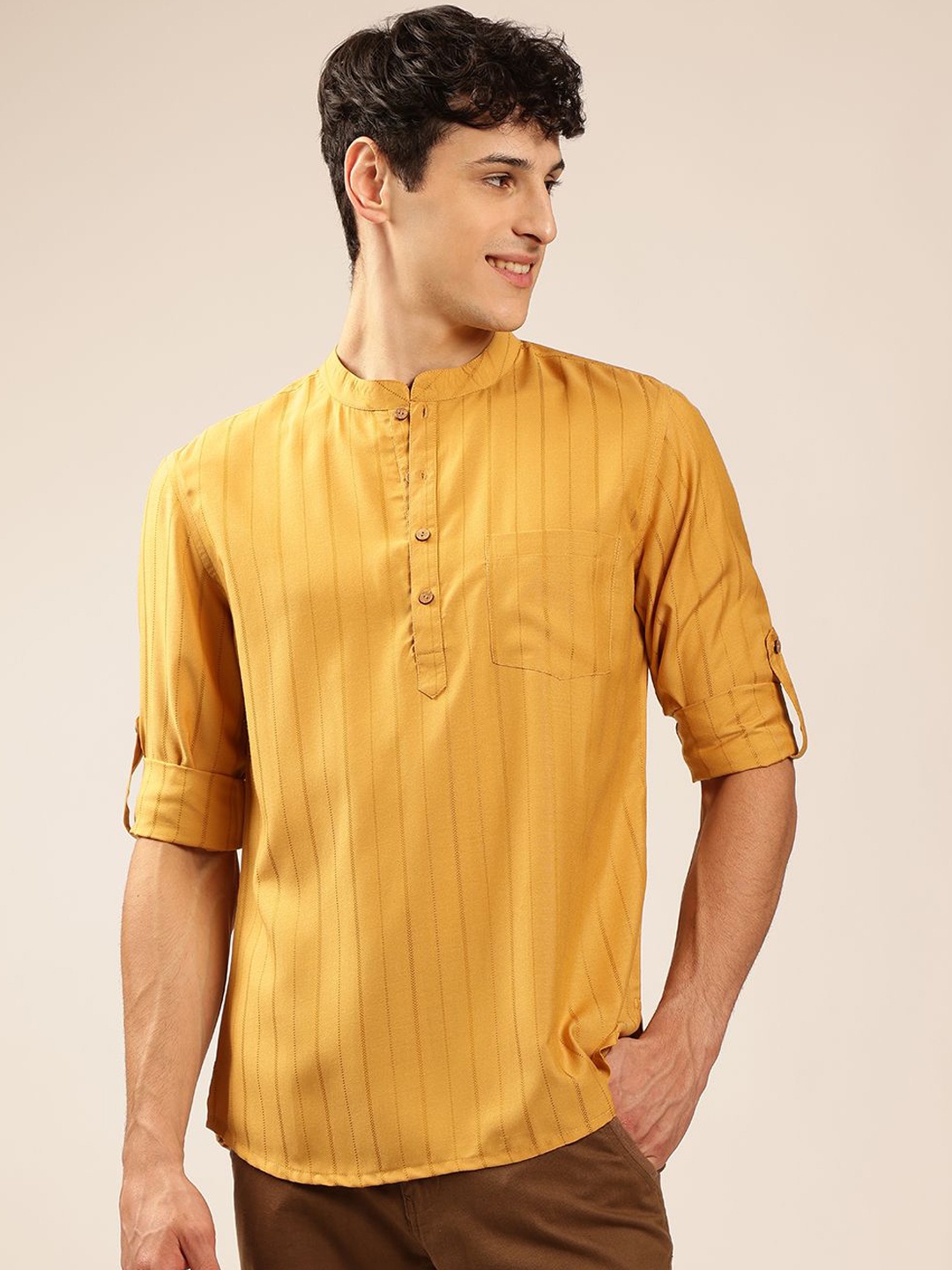 

Anouk Striped Mandarin Collar Roll-Up Sleeves Short Kurta, Mustard