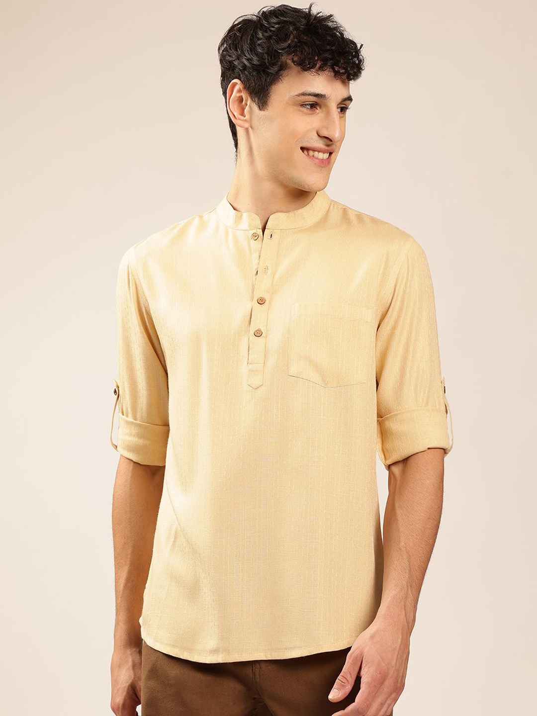 

Anouk Mandarin Collar Straight Short Kurta, Cream
