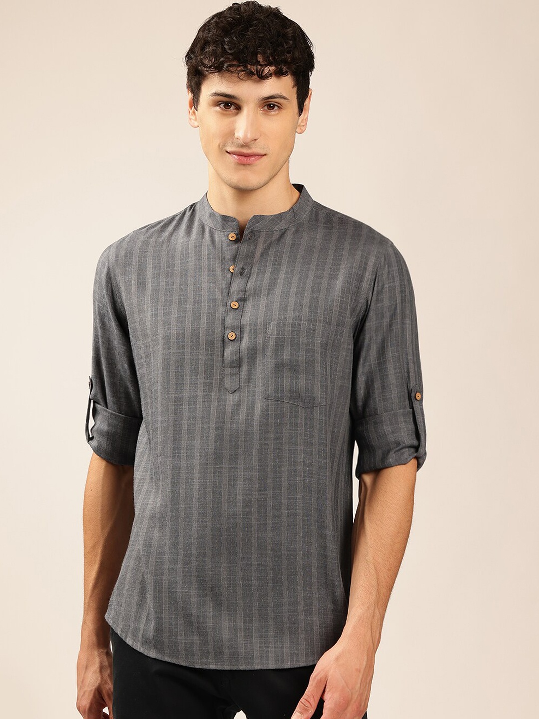 

Anouk Striped Mandarin collar Pathani Kurta, Grey