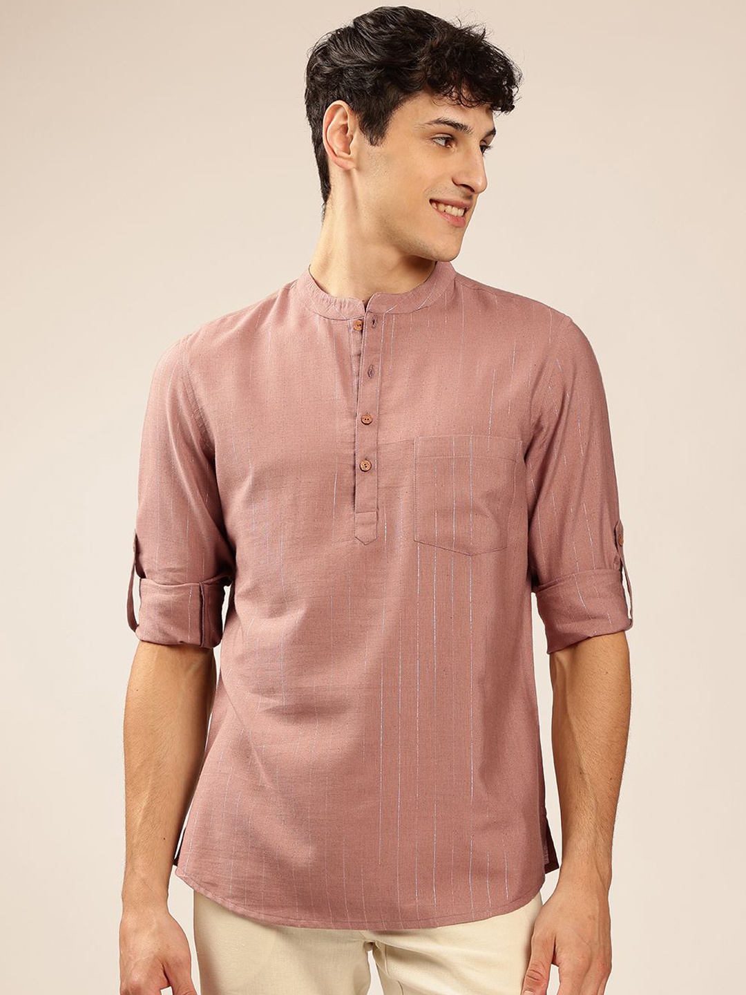 

Anouk Men Thread Work Mandarin Collar Roll-Up Sleeves Short Kurta, Purple