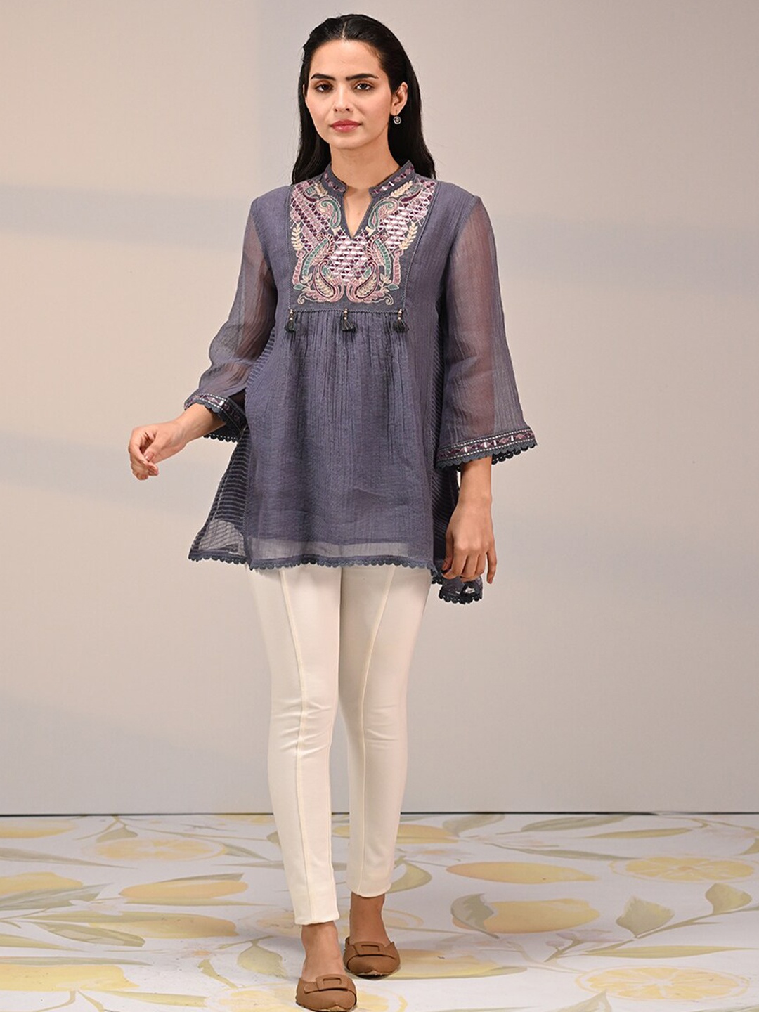 

Lakshita Embroidered Mandarin Collar Chanderi Top, Grey