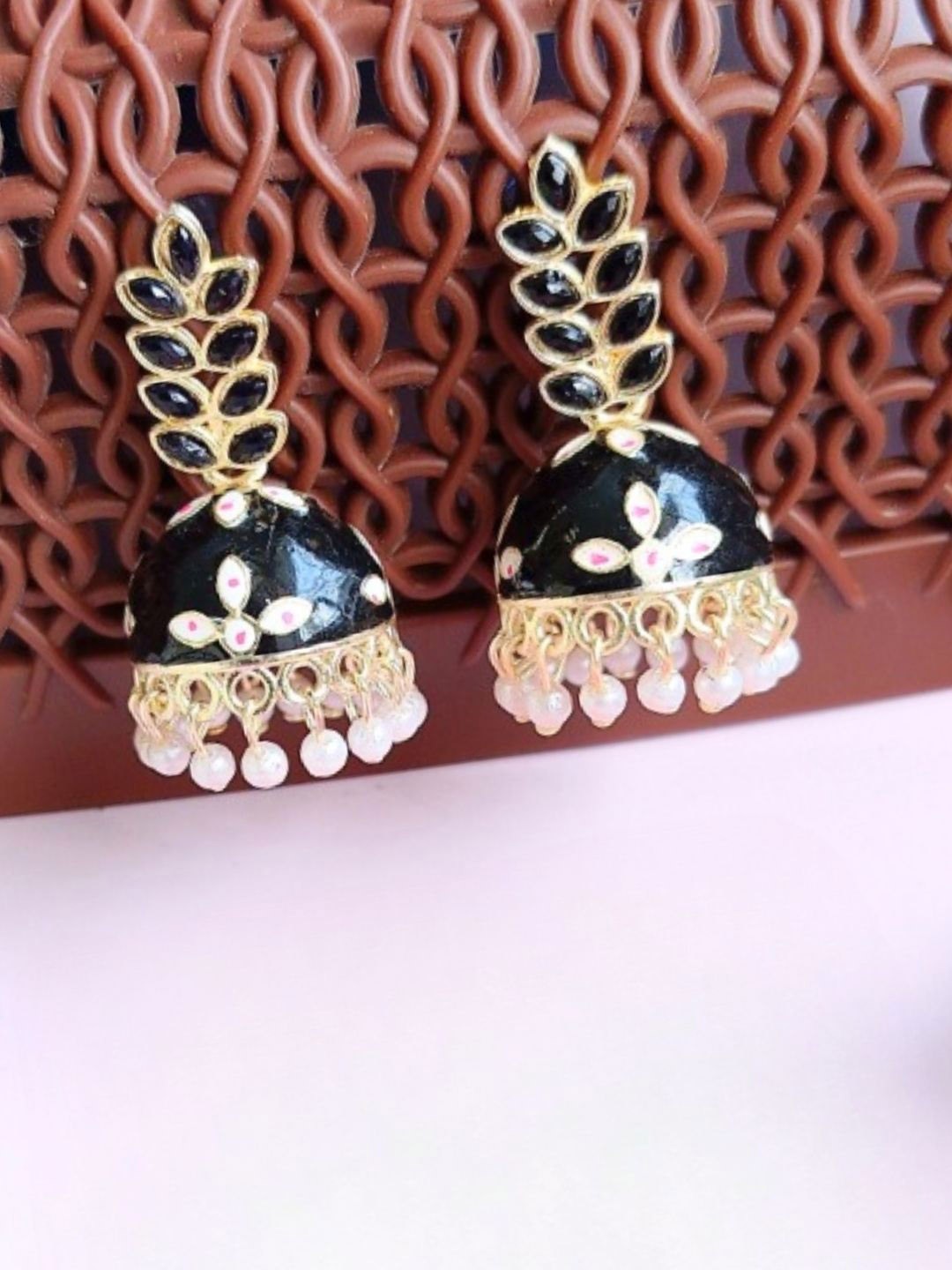 

Anouk Black Gold-Plated Pink Peacock Shaped Jhumkas