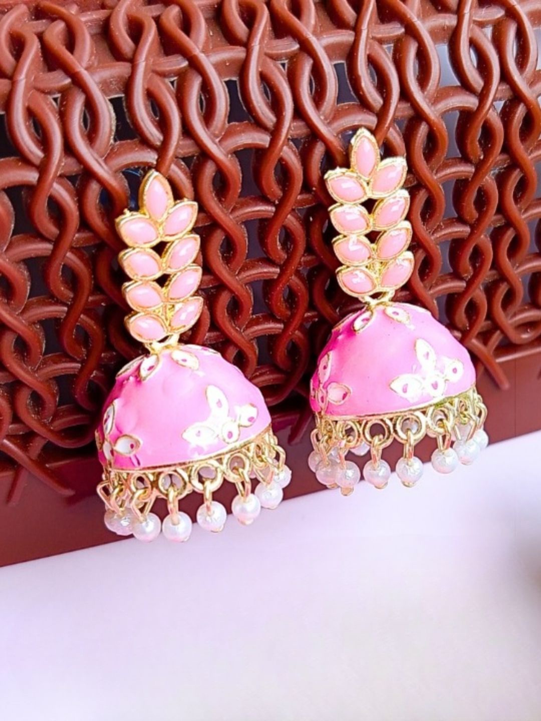 

Anouk Leaf Shaped Jhumkas Earrings, Pink