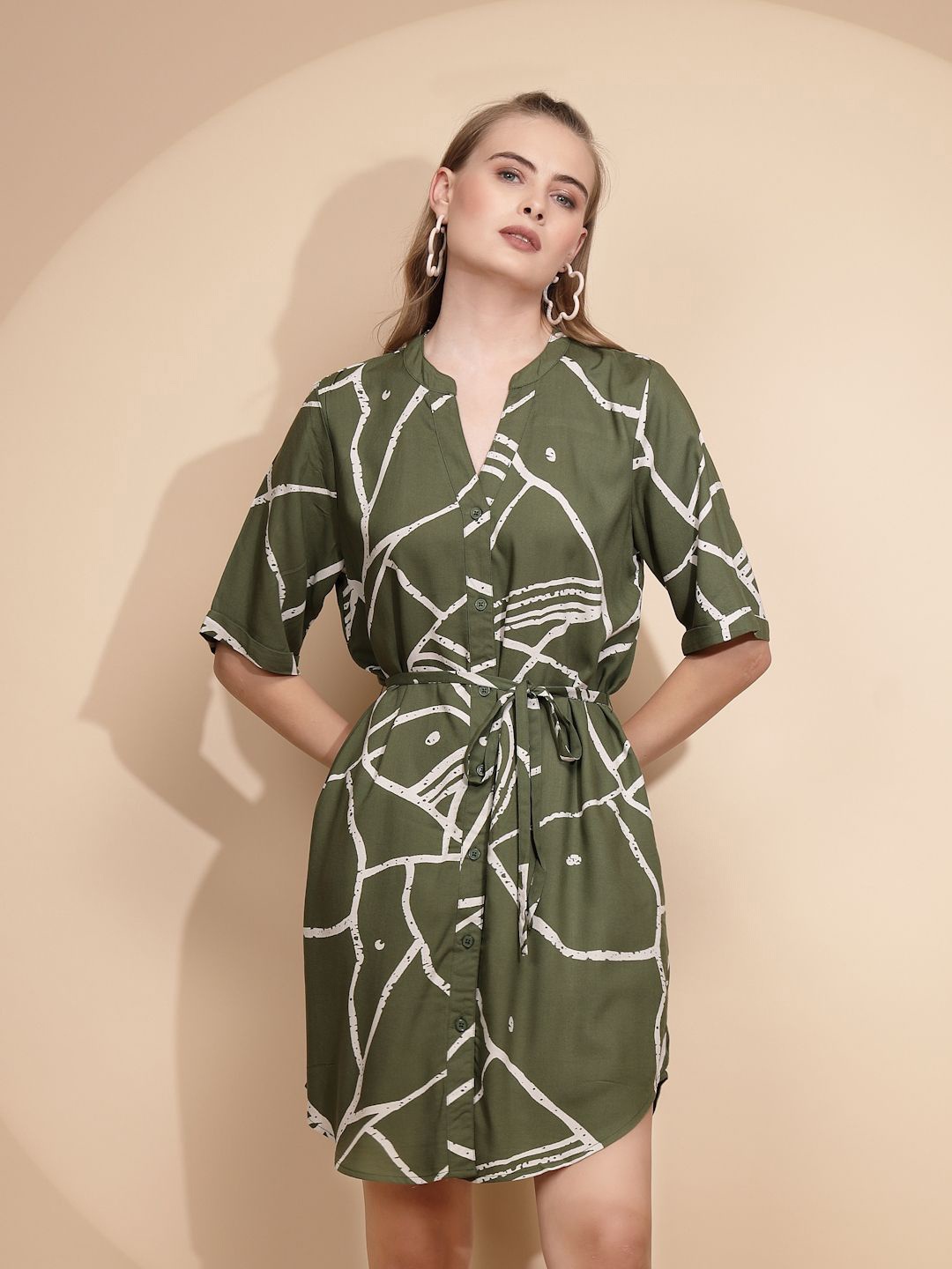 

Global Republic Mandarin Collar Abstract Printed Tunic, Green