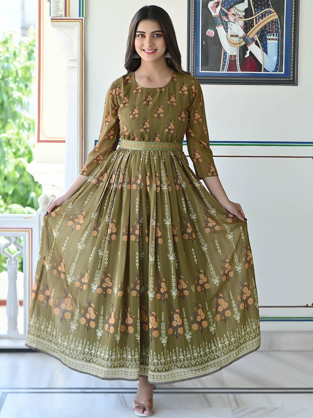 

Peachmode Floral Printed Georgette Maxi Dress, Green